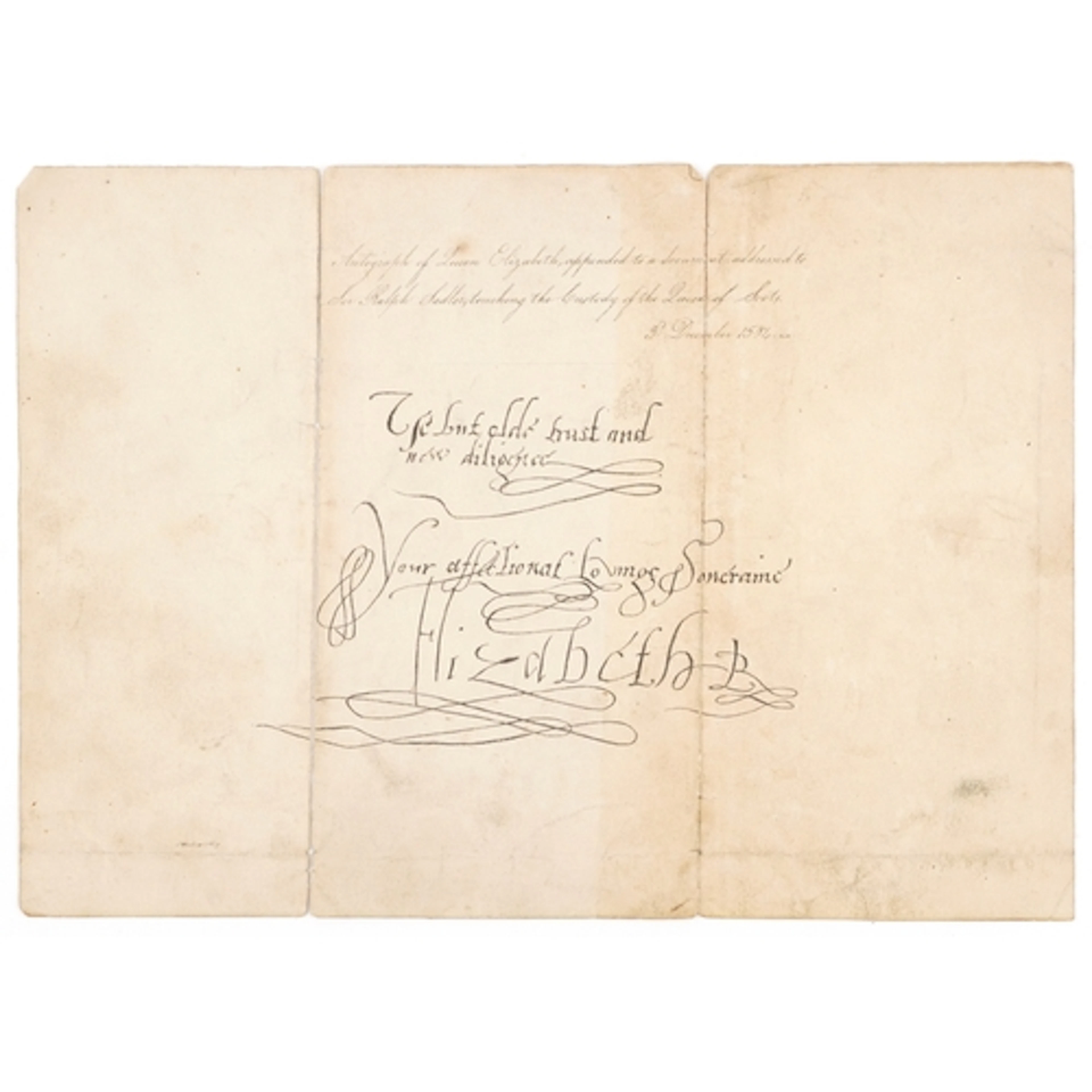 Of Elizabeth I interest; a signed note from Queen Elizabeth ...