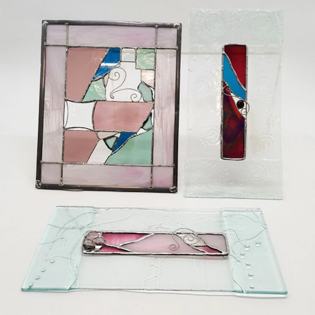 3 x Contemporary wall hanging art glass / stained glass pane...