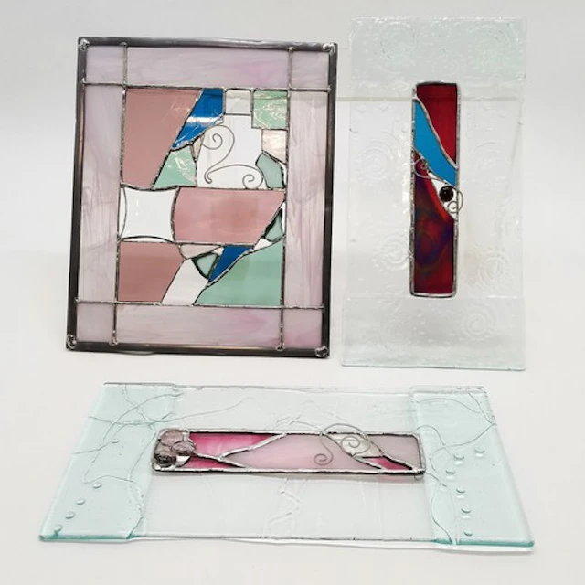 3 x Contemporary wall hanging art glass / stained glass pane...