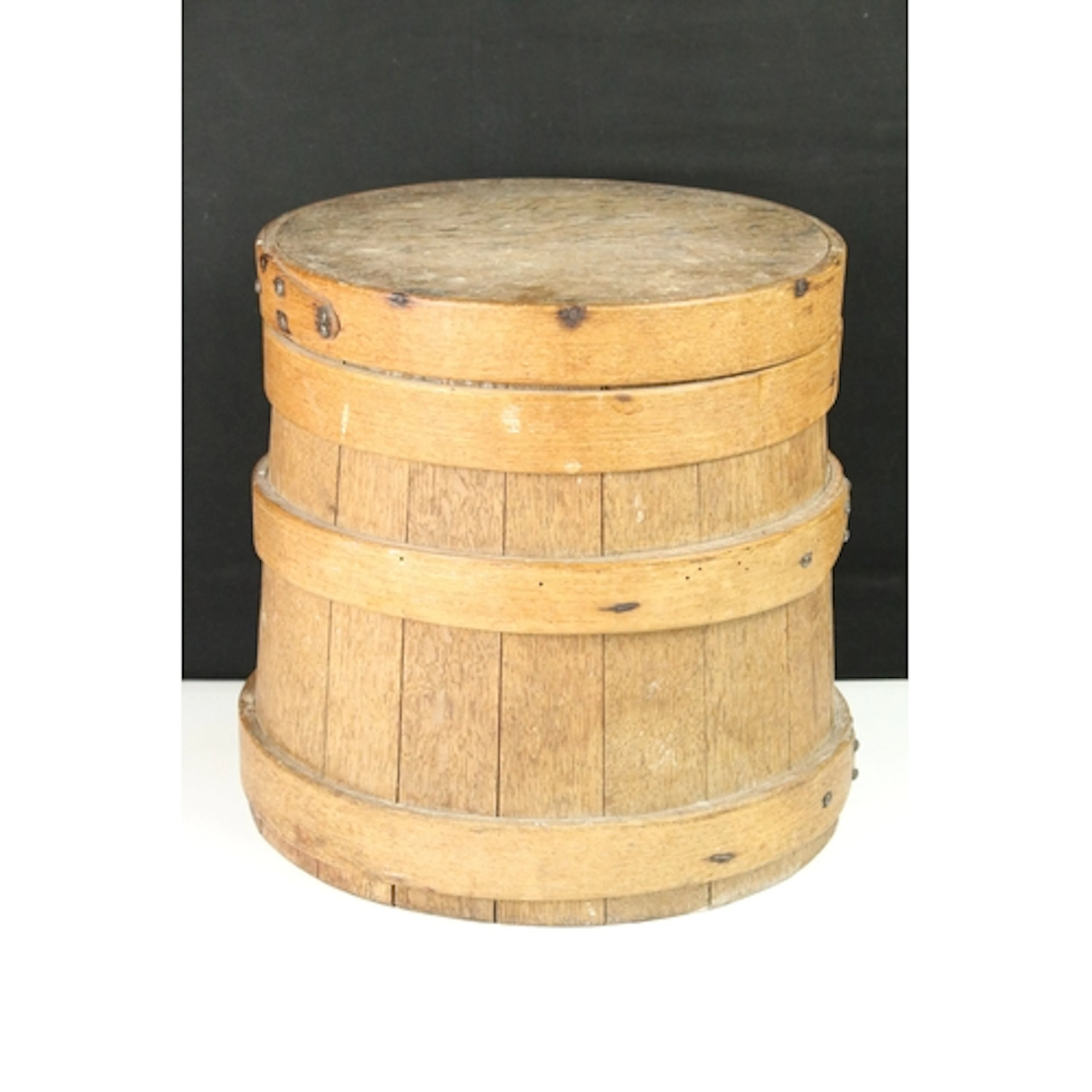 Antique oak banded flour bin, having three banded body. Meas...