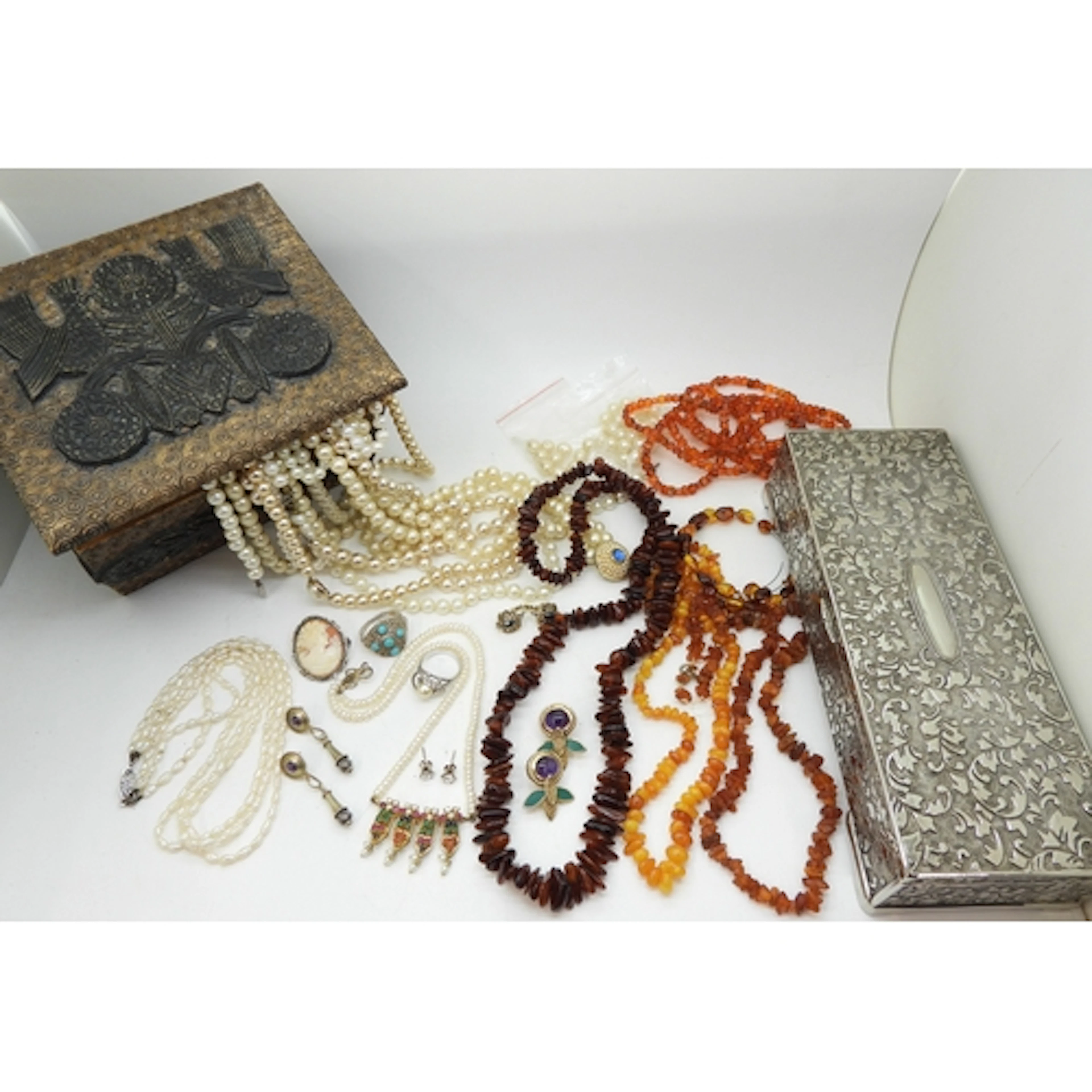 A wooden Polish folk art box, and silver plated jewellery bo...