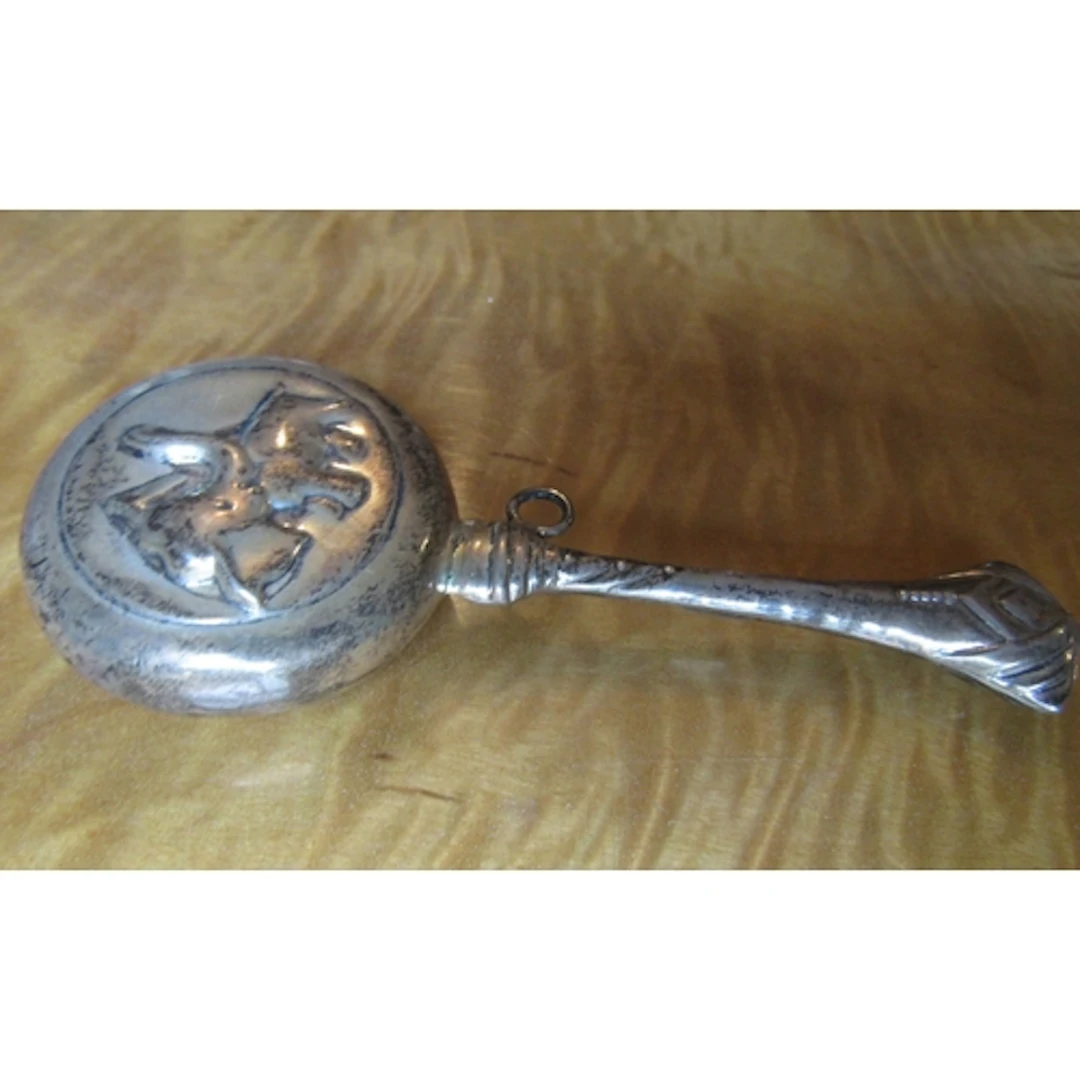 Silver Baby's Rattle with Elephant Motif Embossed Decoration...