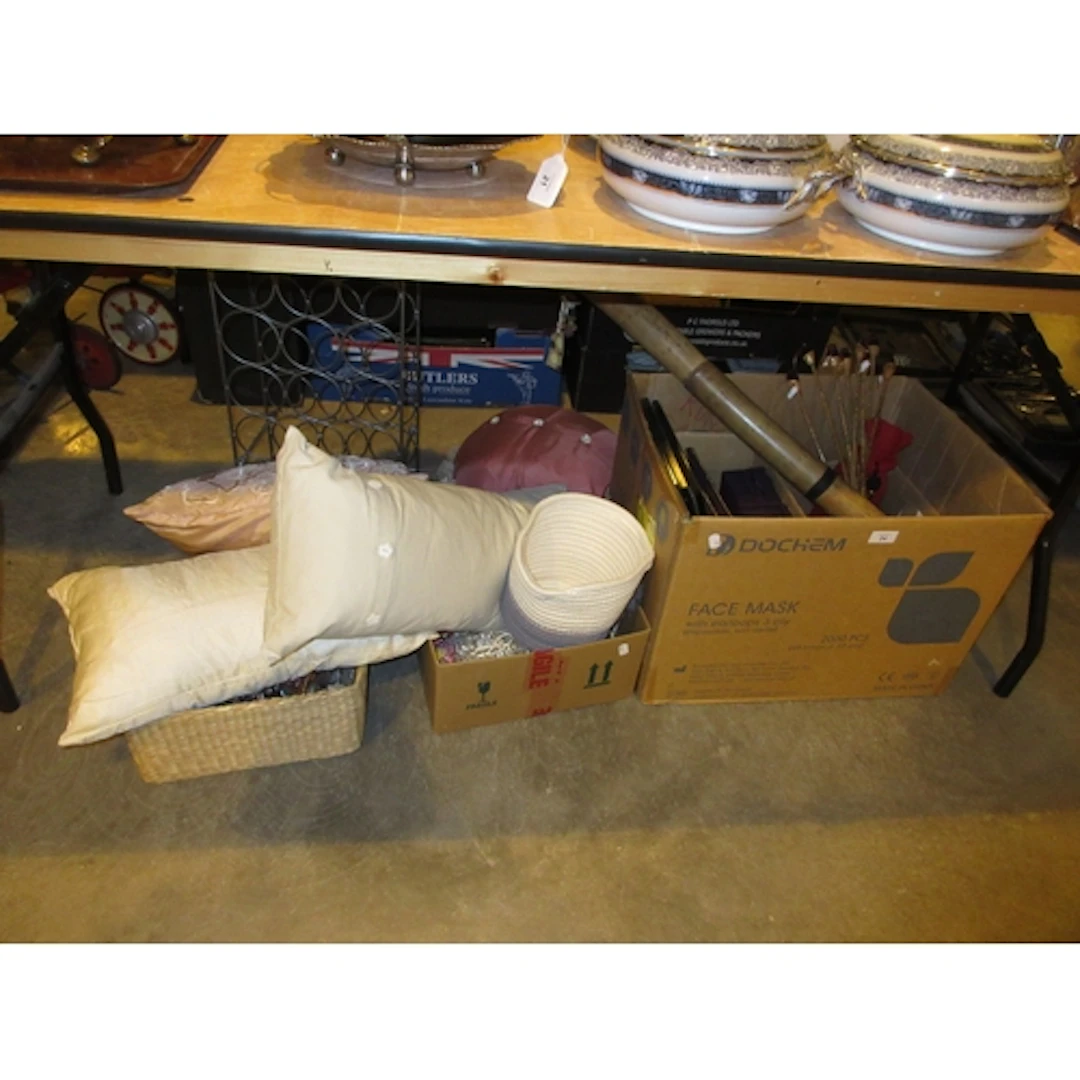 Box of Decorative Items, Cushions, Wine Rack, Costume Jewell...