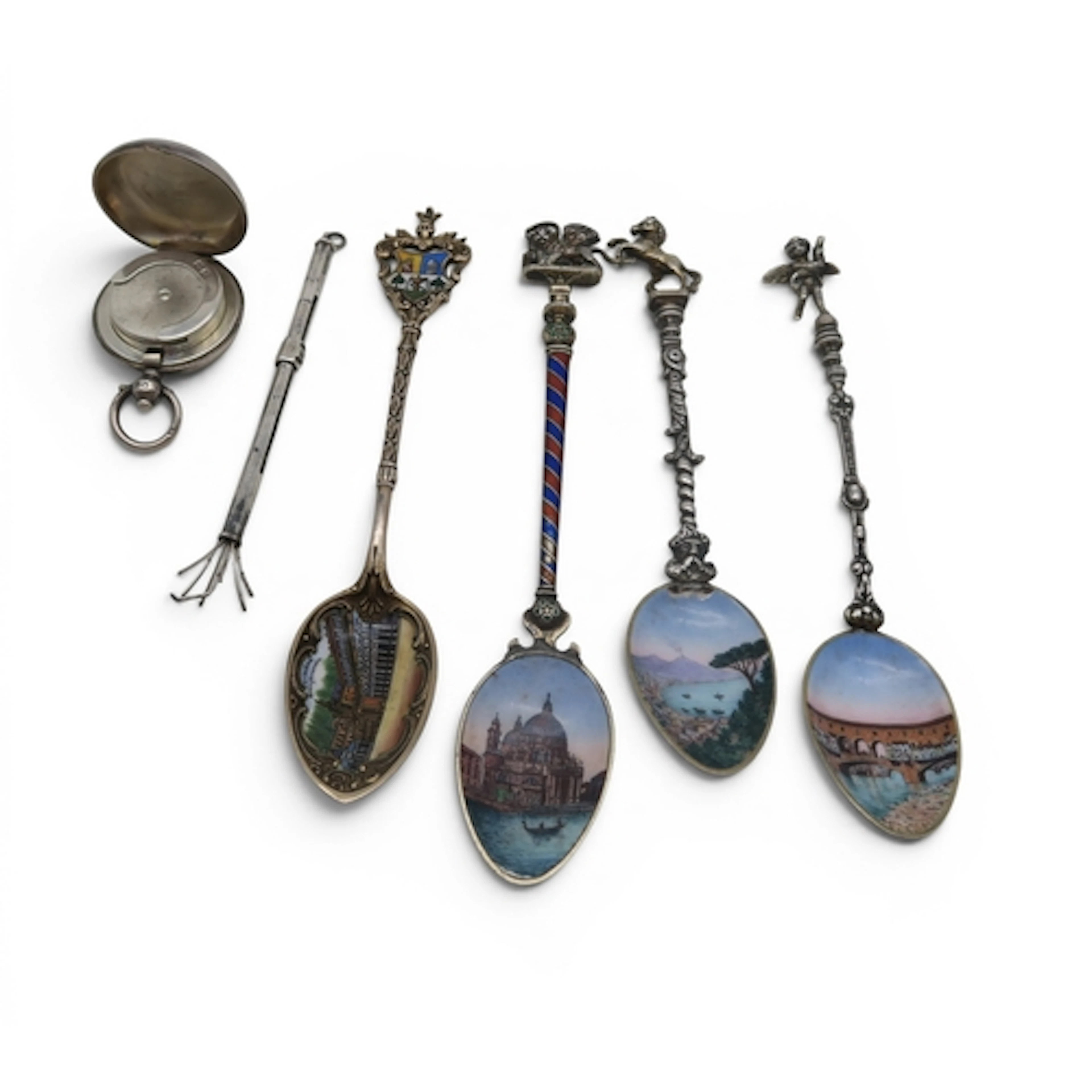 A collection of silver including a cocktail swizzle stick, f...