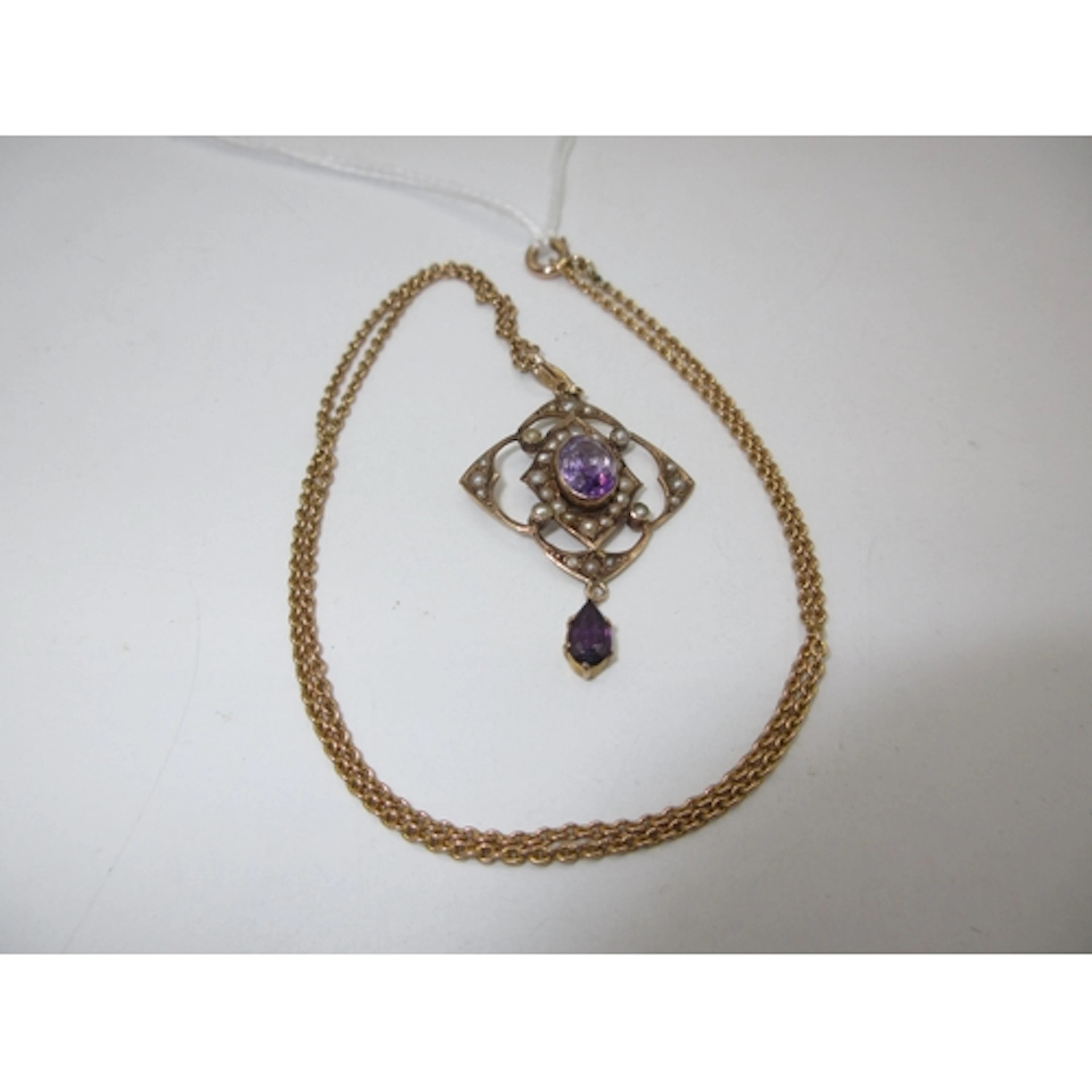 Art Nouveau W.B. Bros 9ct Gold Amethyst and Seed Pearl Penda...
