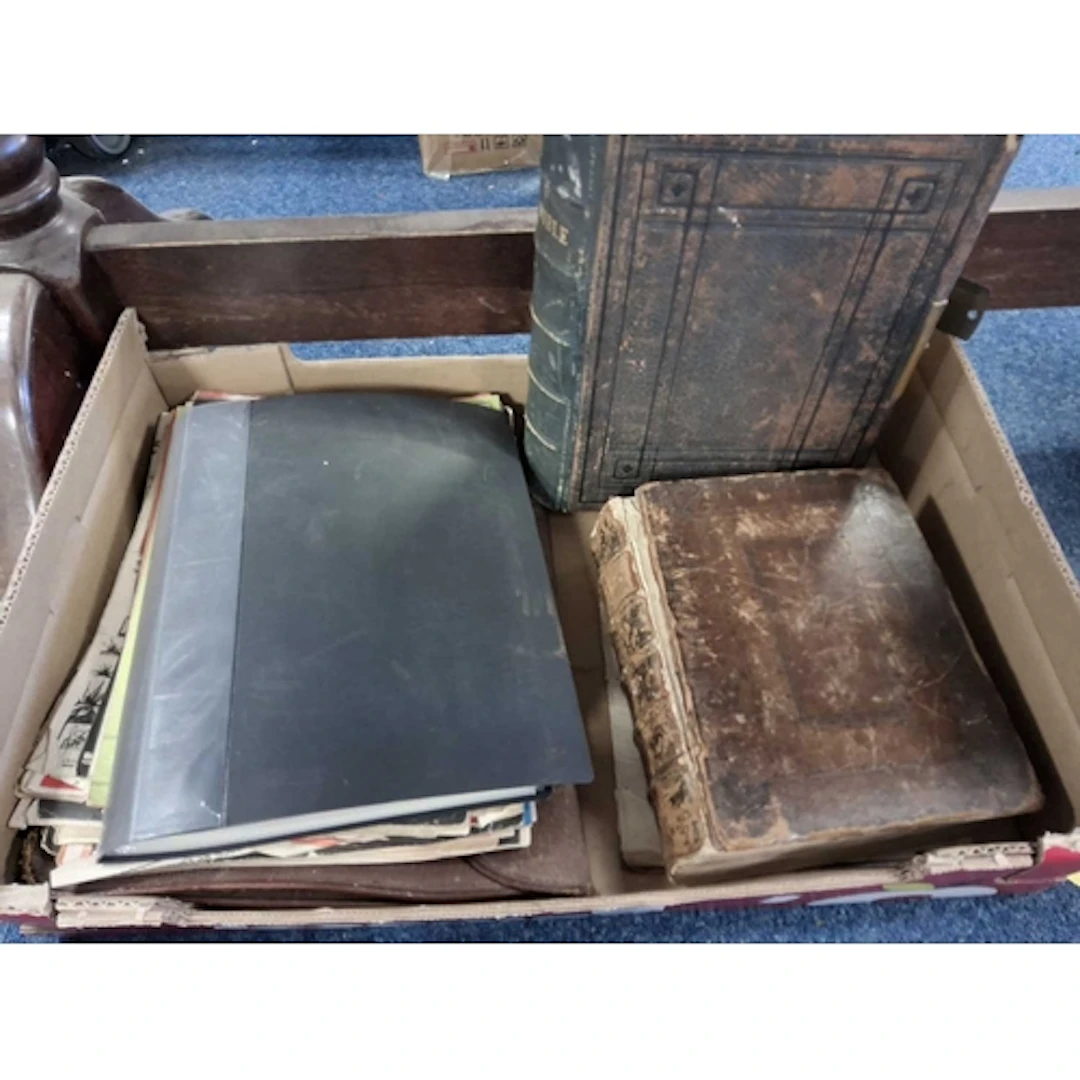A BOX OF EPHEMERA AND BIBLES, to include photographs relatin...