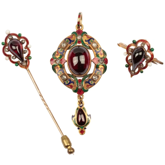 A Holbeinesque garnet enamel and diamond suite, late 19th ce...