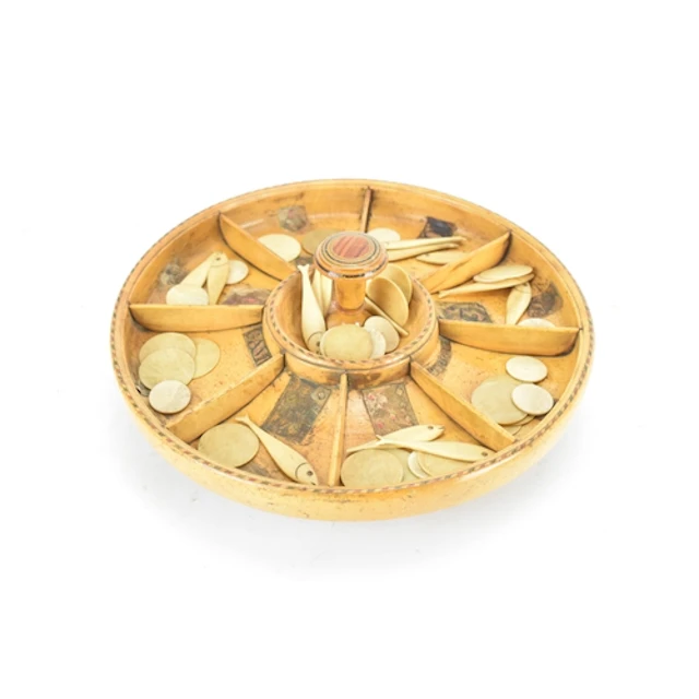 A 19th century Tunbridge ware Pope Joan games board, the cir...