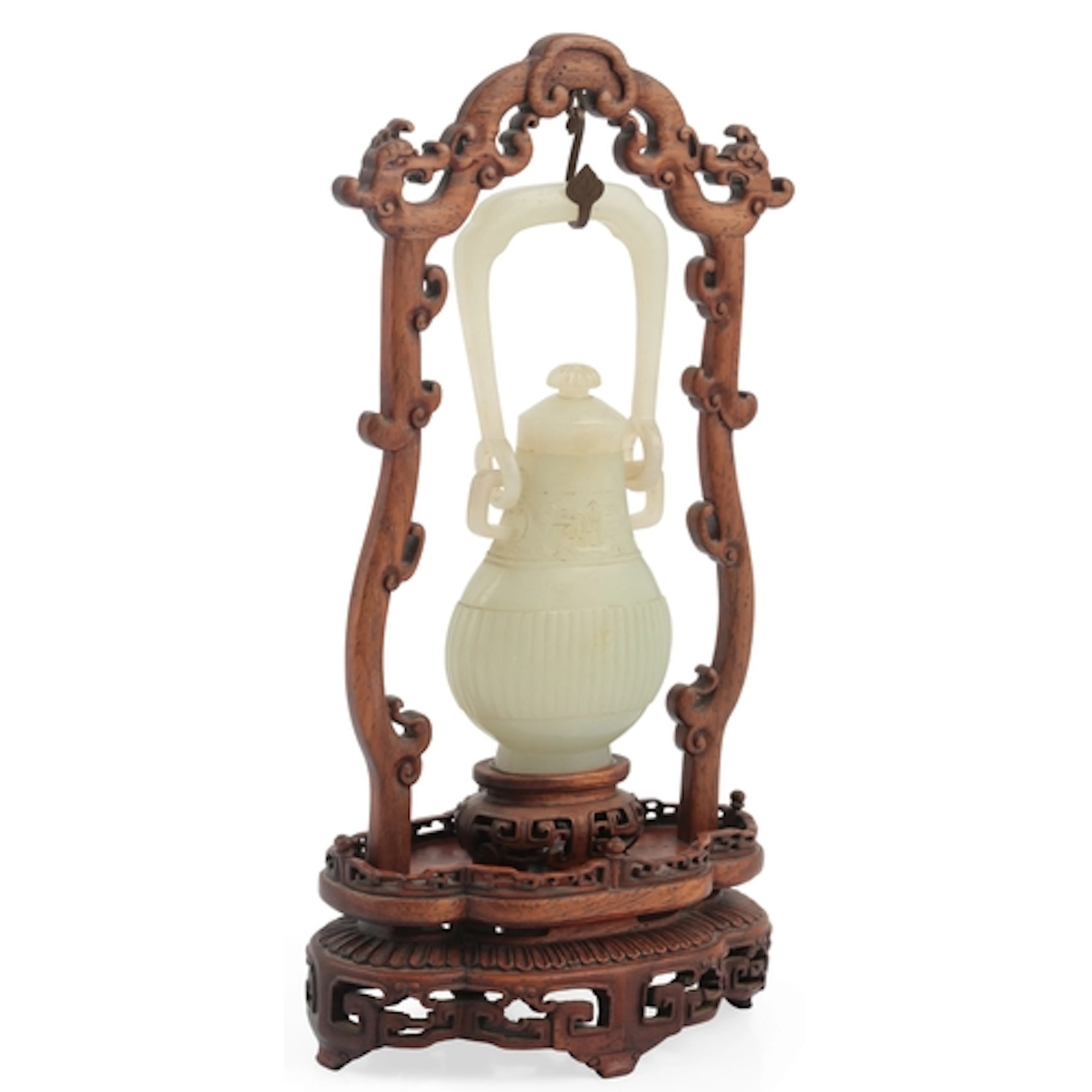 A Chinese pale celadon jade hanging vase and cover, 18th / 1...