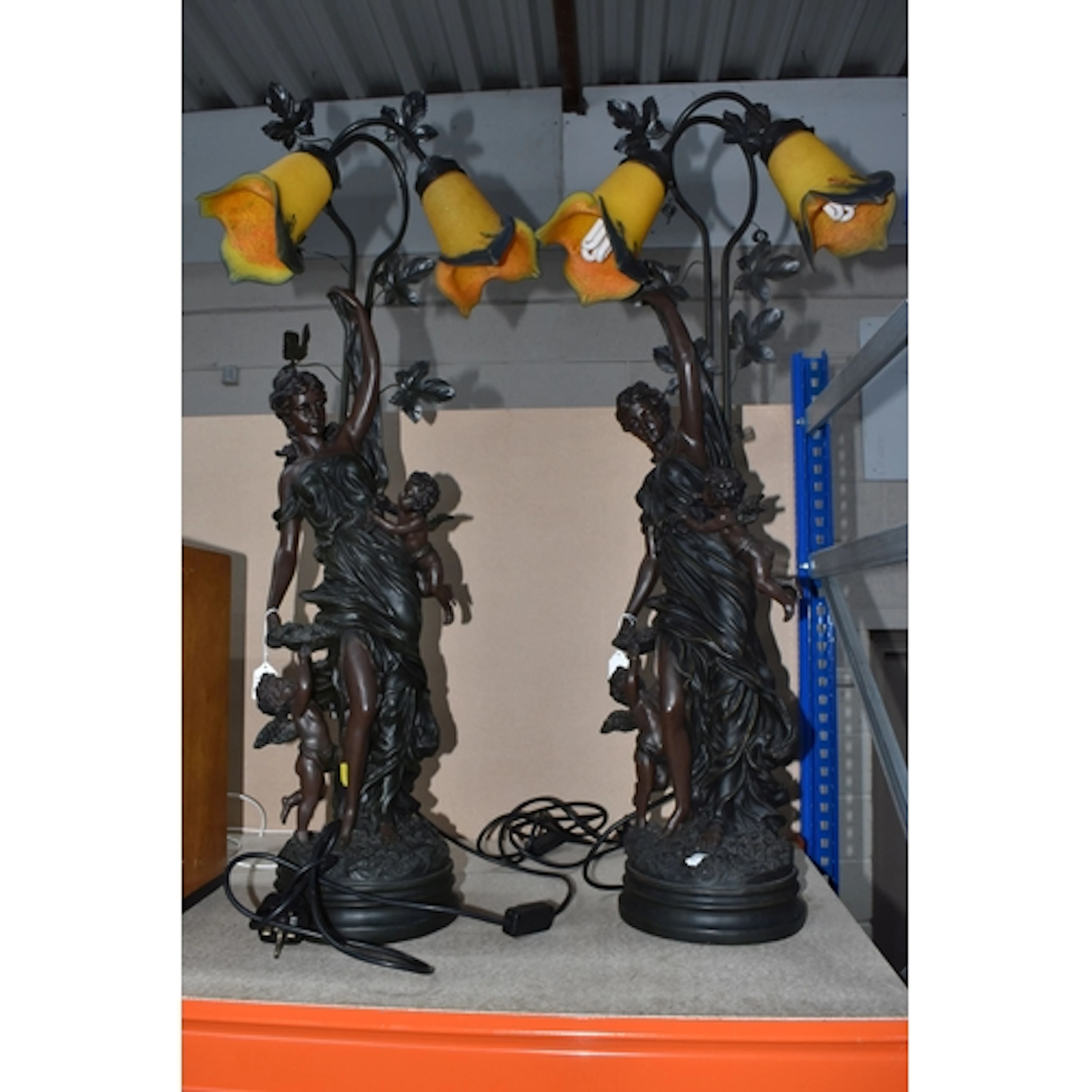 TWO ART NOUVEAU STYLE LAMPS, featuring a female figure and c...