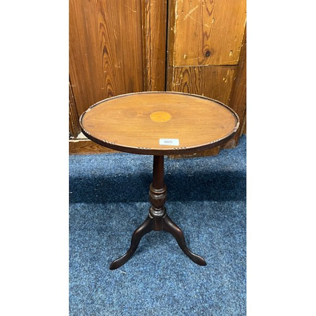 Vintage wine table with marquetry centre on tripod supports,...