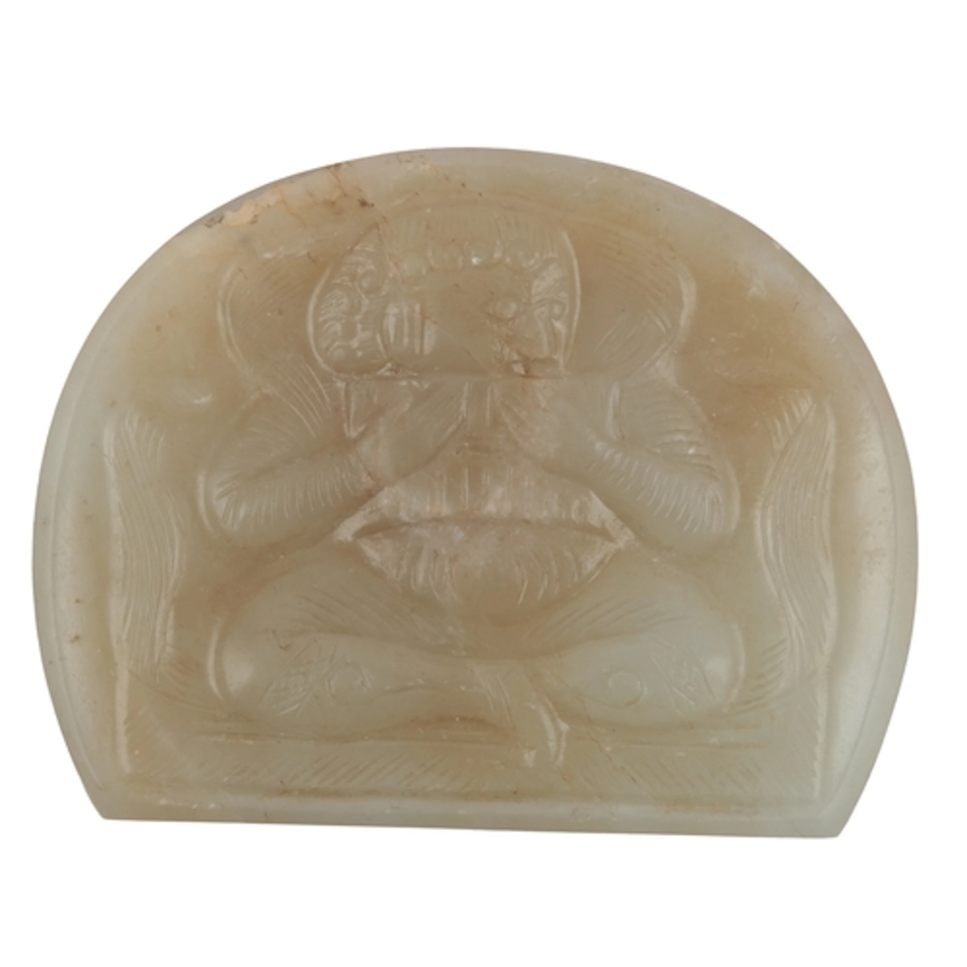 A Chinese pale celadon and russet jade plaque, in Tang style...