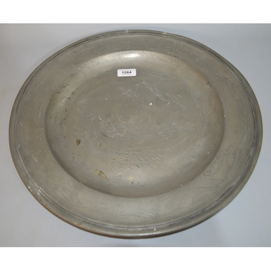 19th Century pewter charger, engraved with a seafaring scene...
