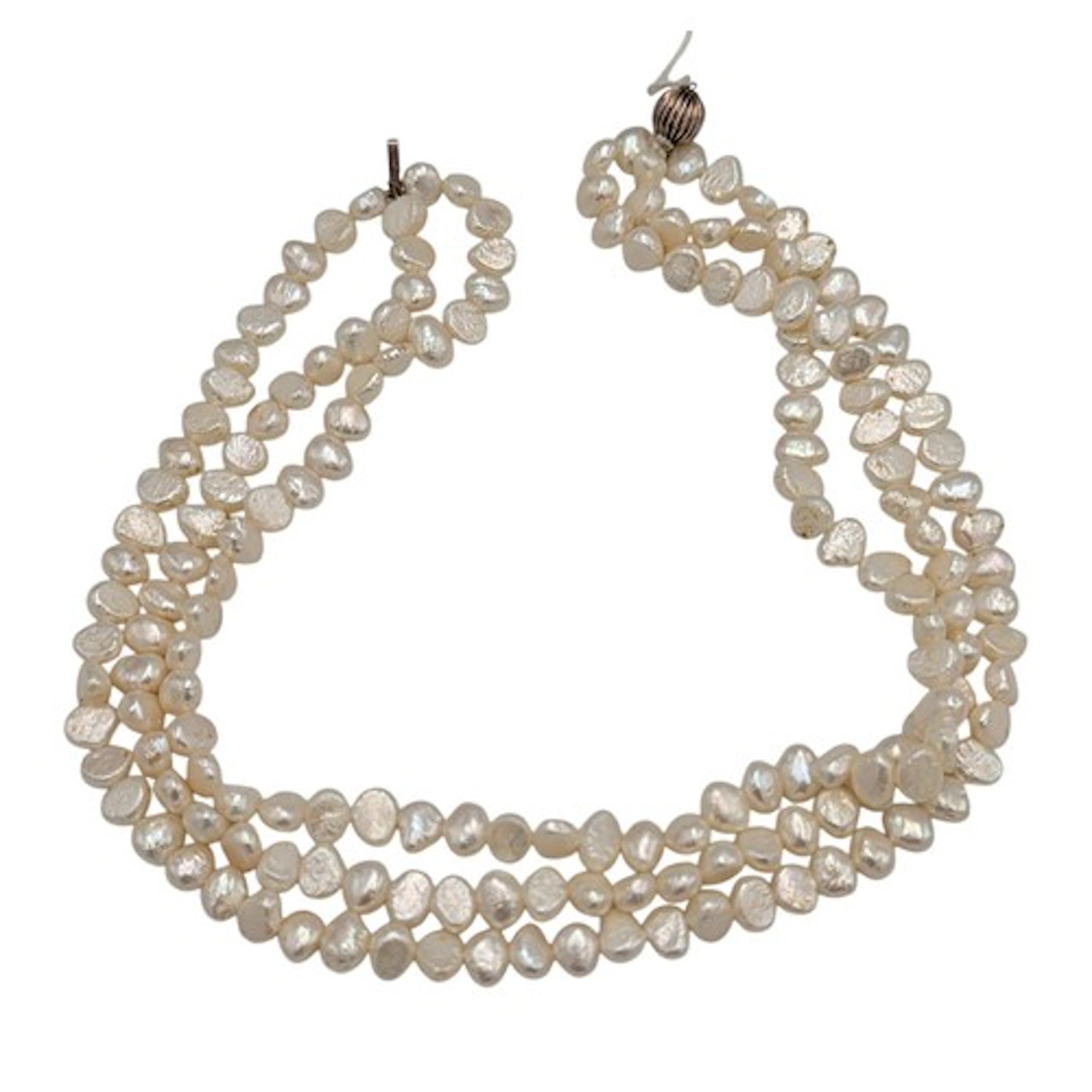 A three strand flat back irregular blister pearl necklace, 9...