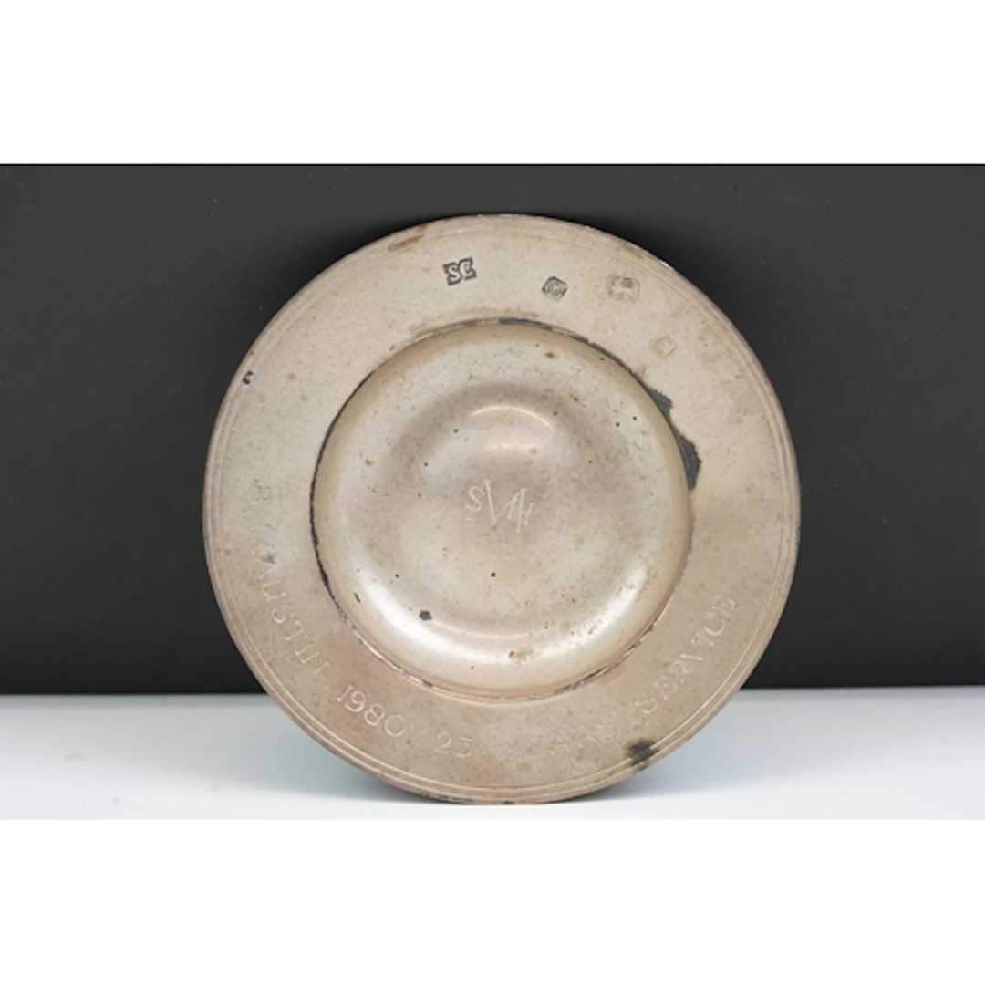 Silver Armada style dish, hallmarked Sheffield 1979, inscrib...