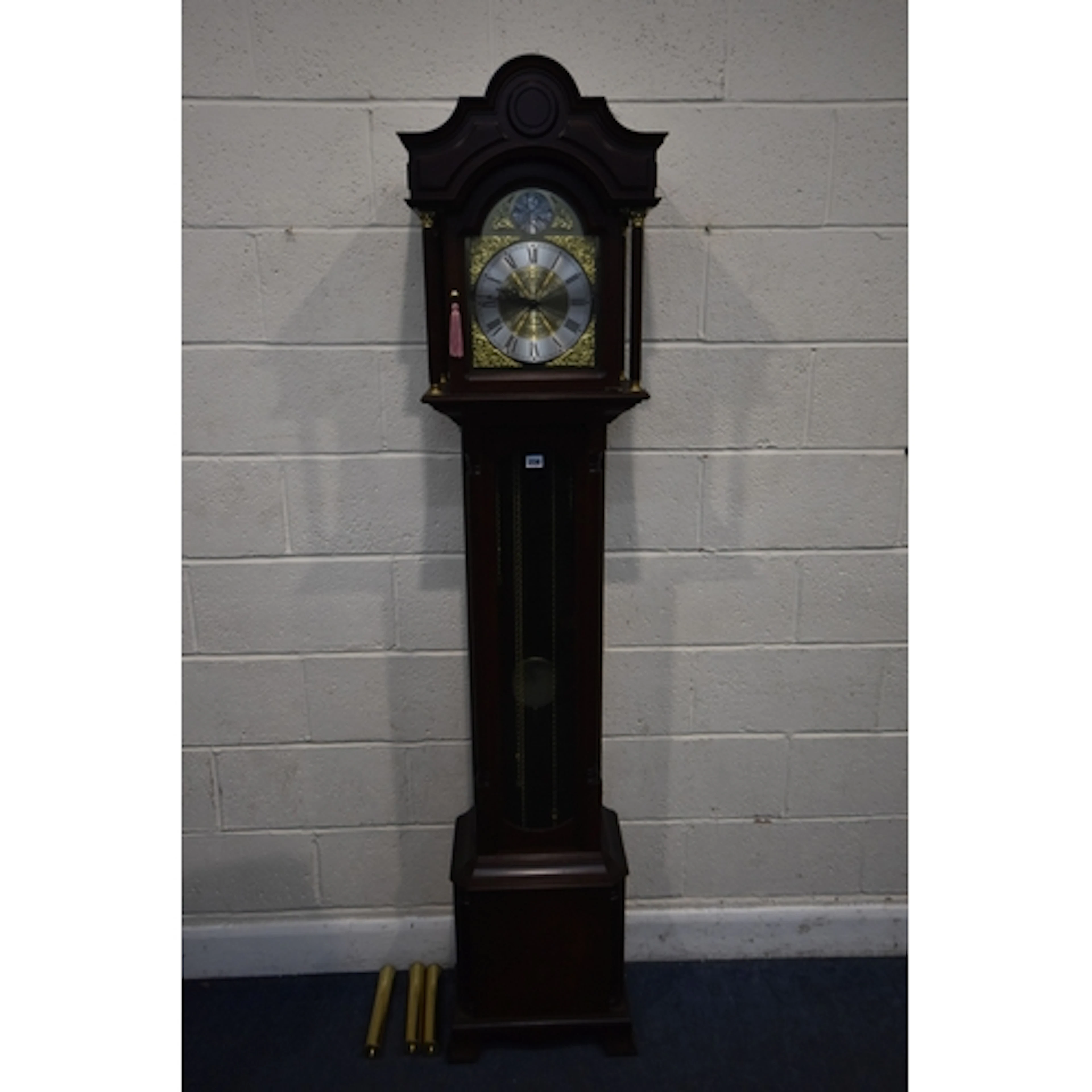 A REPRODUCTION MAHOGANY LONGCASE CLOCK, singed James Stewart...