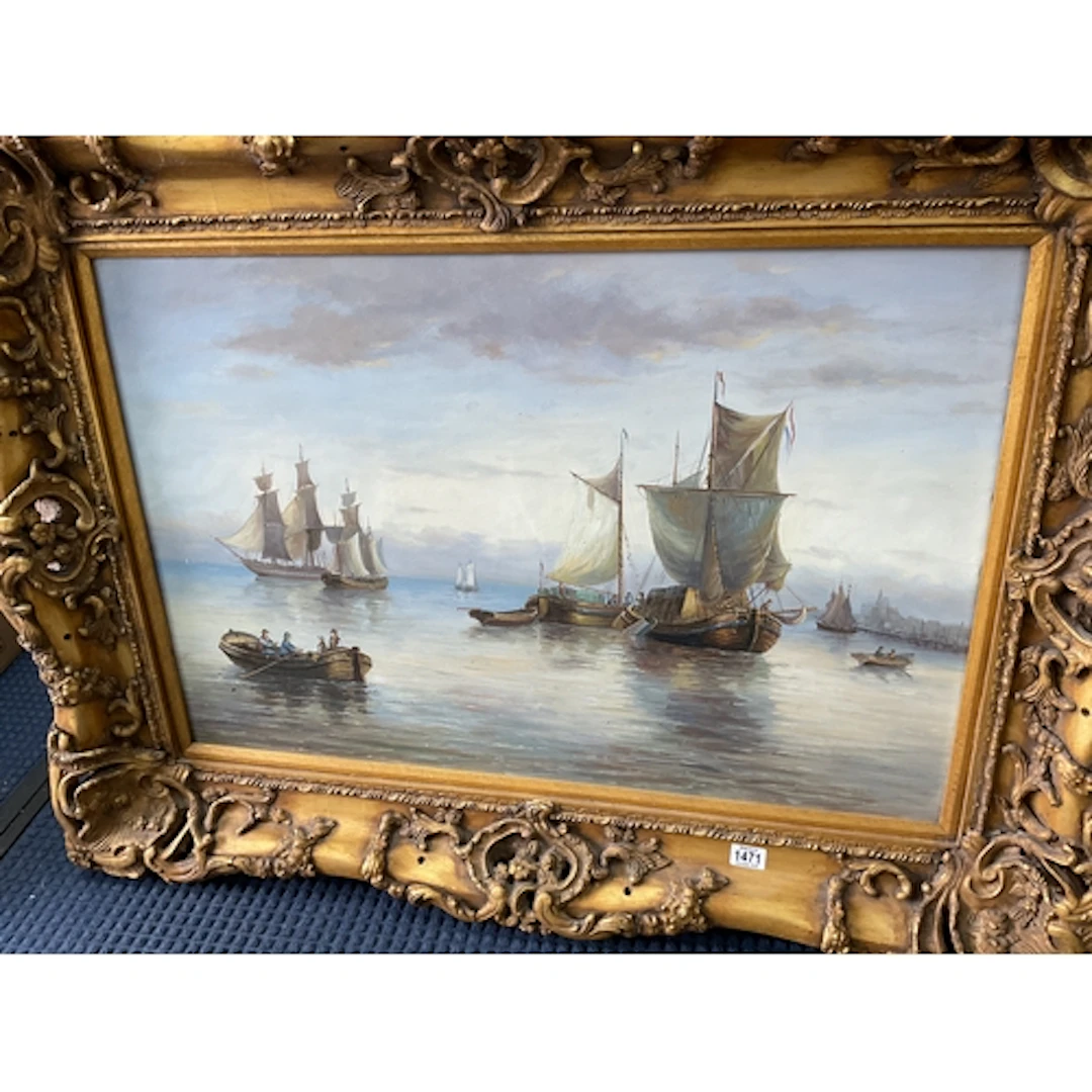 Large gilt framed oil on canvas of shipping scene. 60 cm x 9...