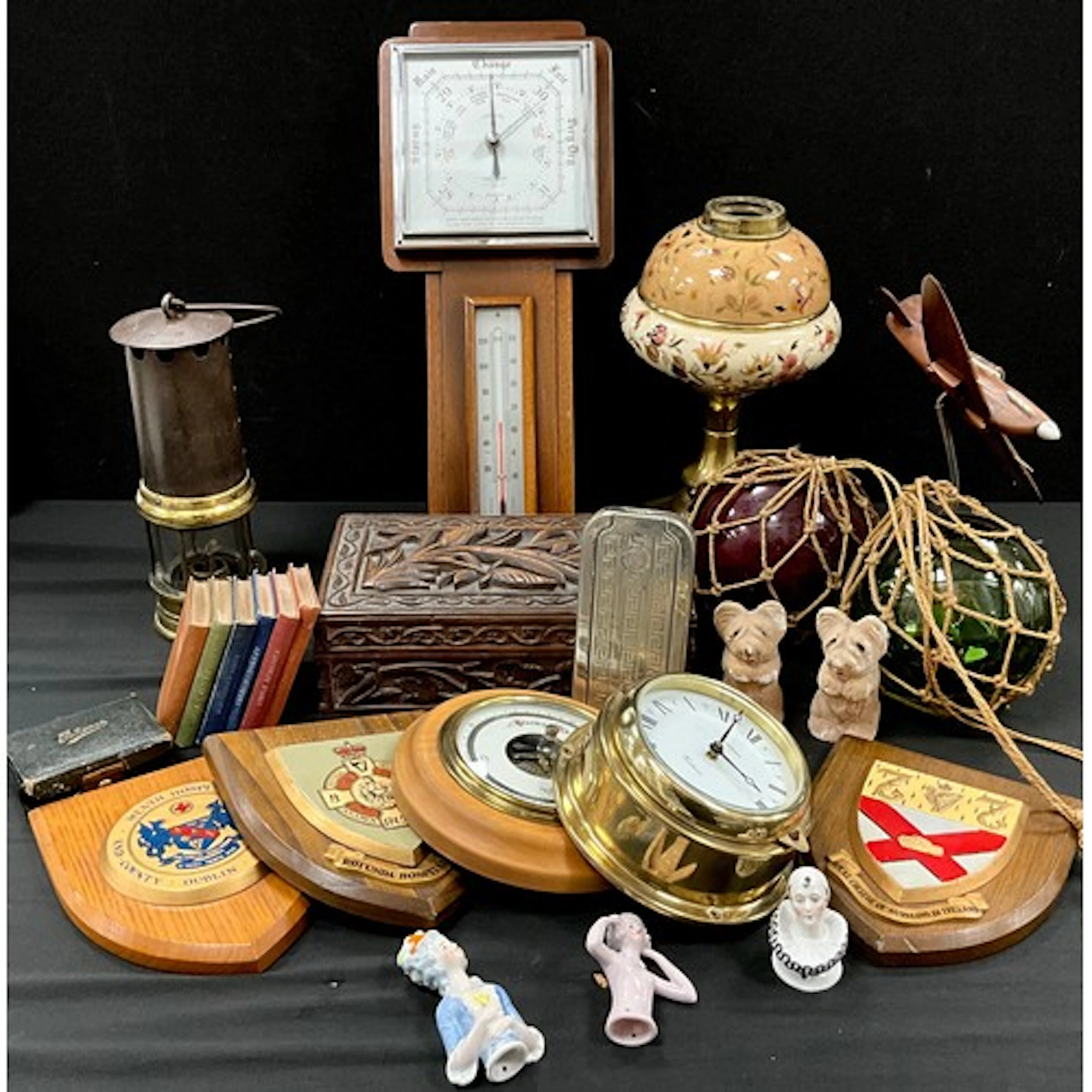 Boxes and objects - cast iron and brass miners lamp, witches...