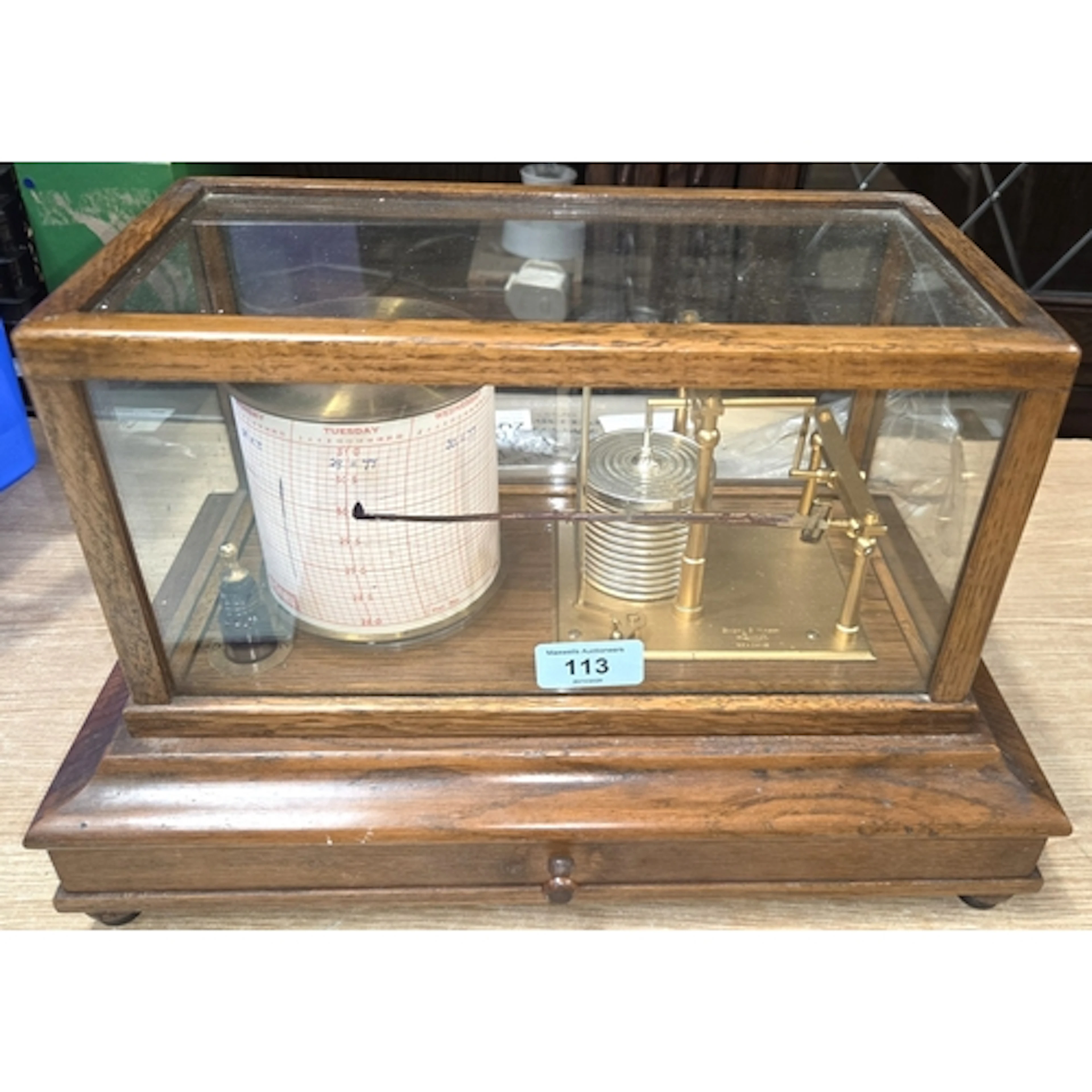 An oak cased Short & Mason of London, barograph, bevelle...