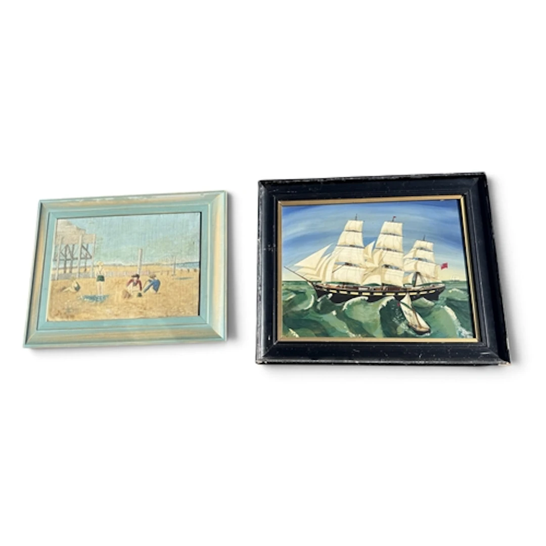 A 20TH C SHIPPING SCENE, TOGETHER WITH A 20TH C BEACH SCENE ...