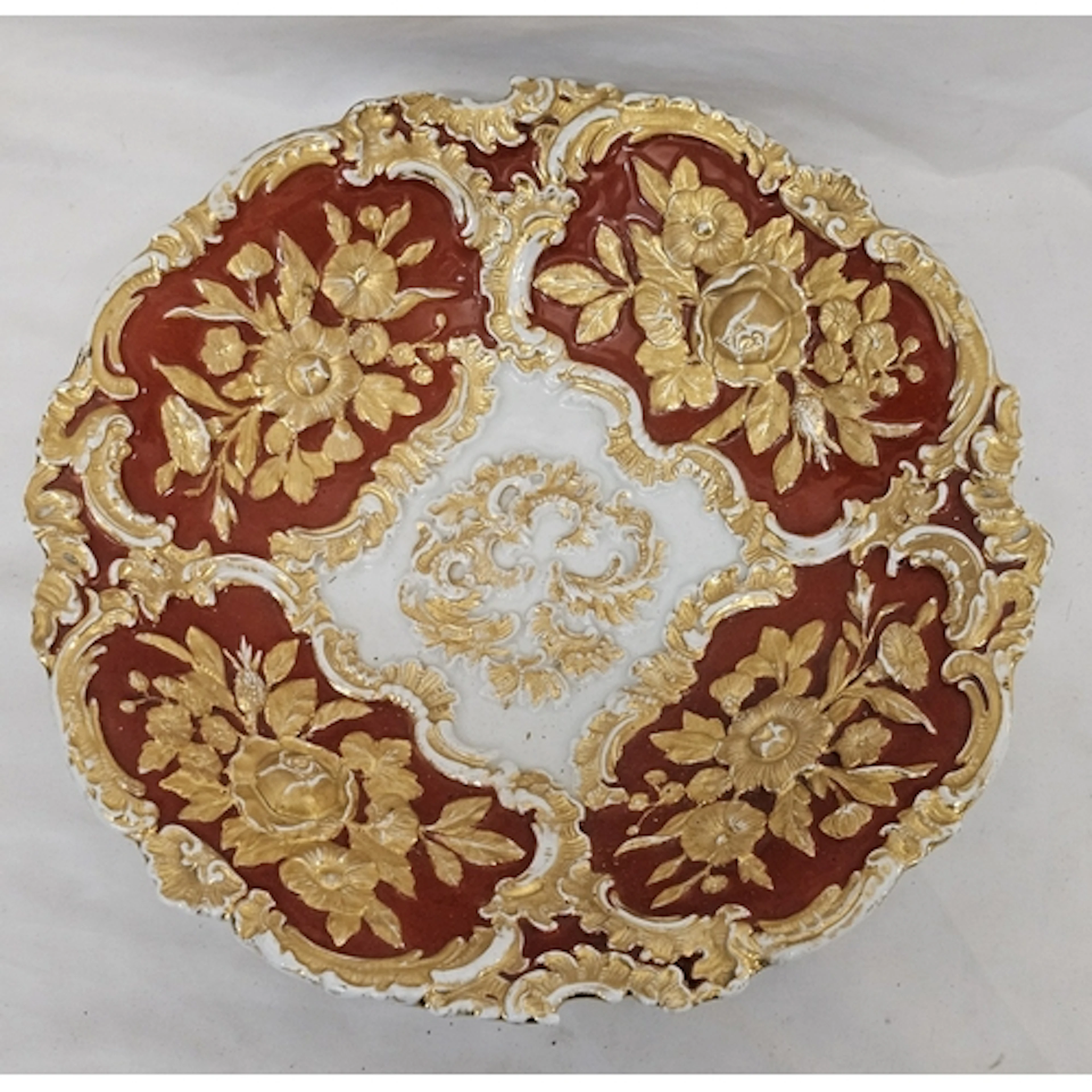 Meissen Bowl/dish with red ground & elaborately gilded flora...