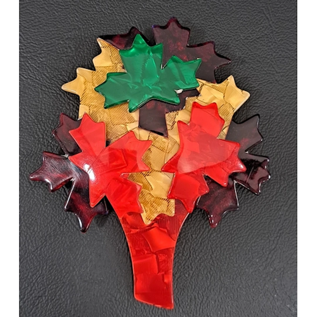 LEA STEIN LARGE MAPLE LEAF BROOCH in red green and brown ton...