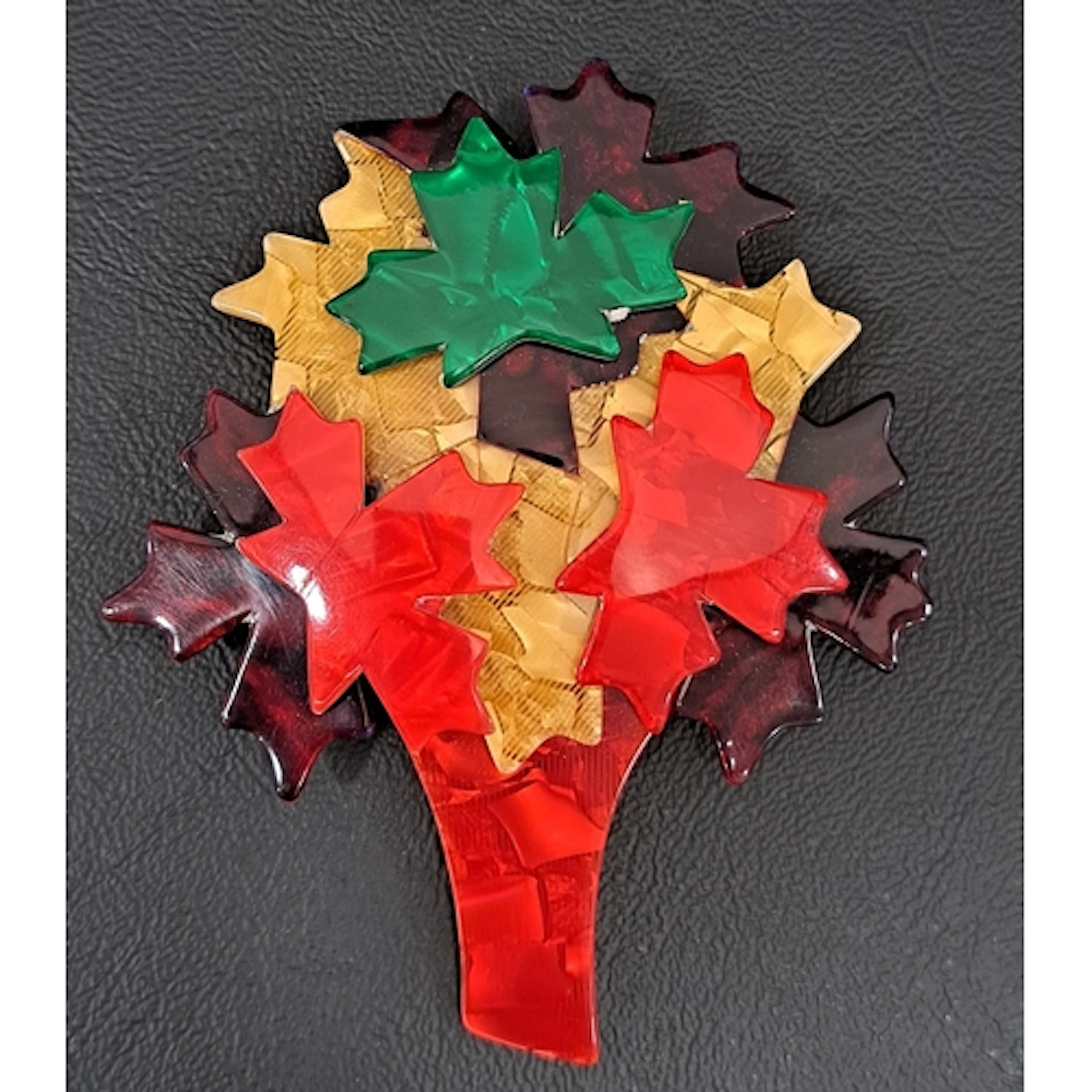 LEA STEIN LARGE MAPLE LEAF BROOCH in red green and brown ton...