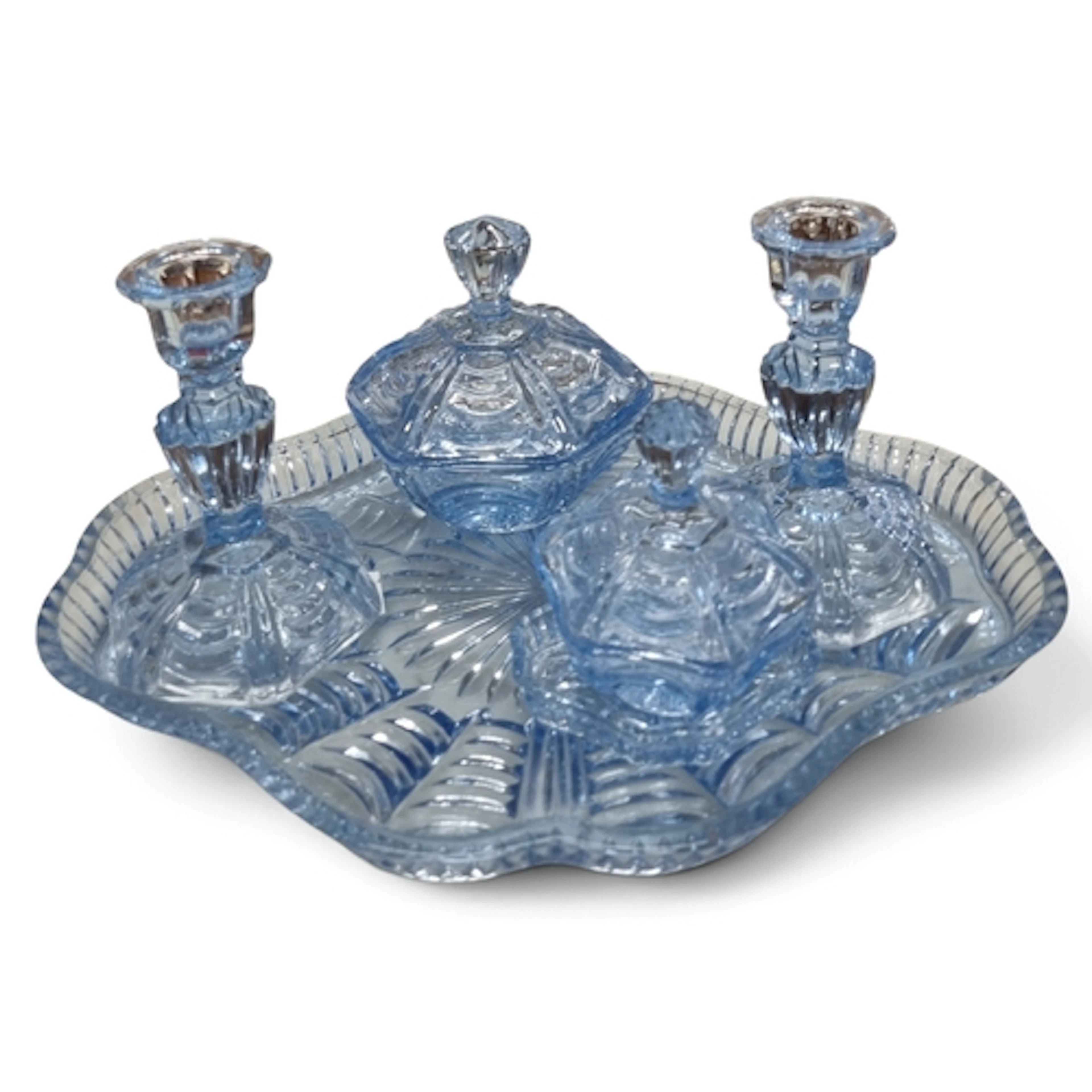 A five piece Art Deco Dressing Table Set in moonlight blue, ...