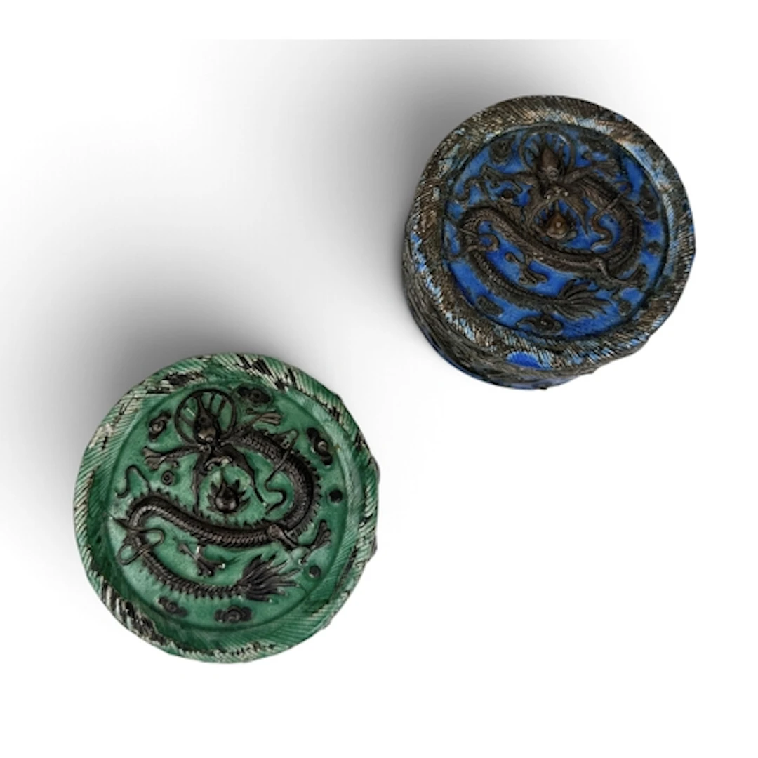 A PAIR OF CHINESE ENAMELLED DRAGON BOXES Green and blue. Cha...