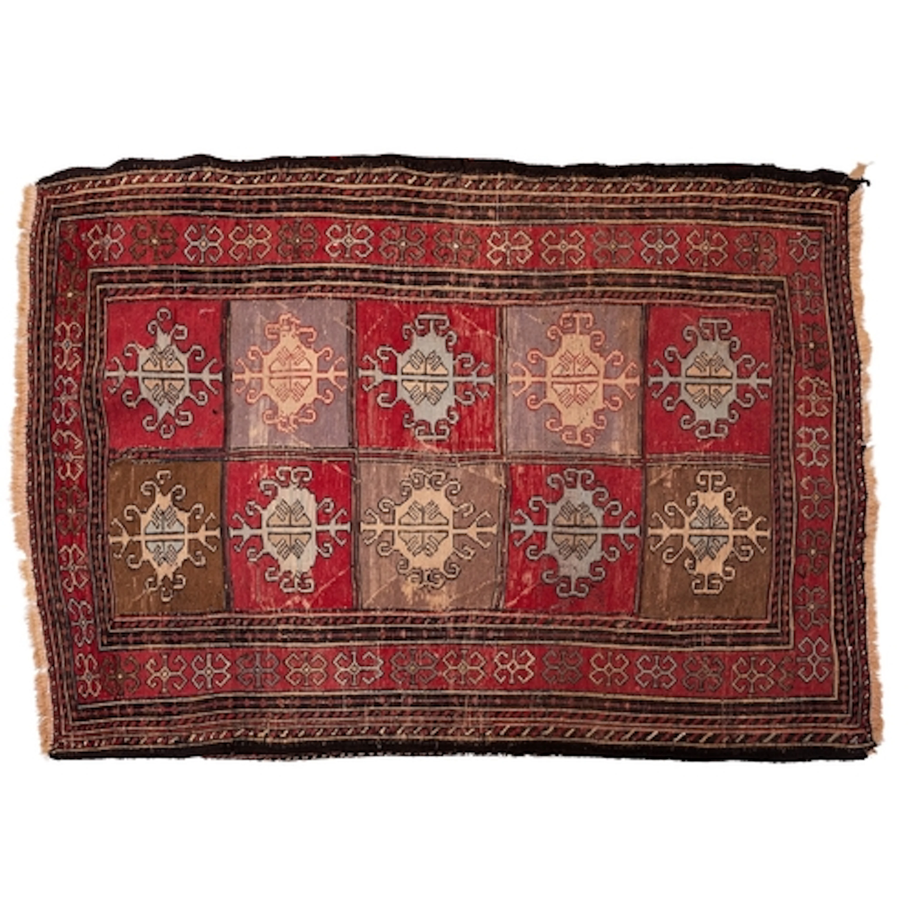 A Kurdish rug, the wine, grey and olive green panelled field...