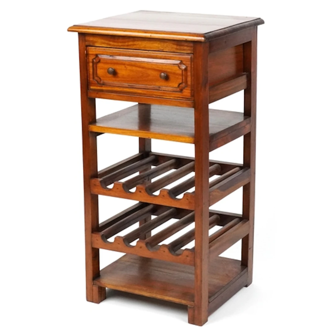 Mexican pine hardwood wine table with single drawer, open sh...