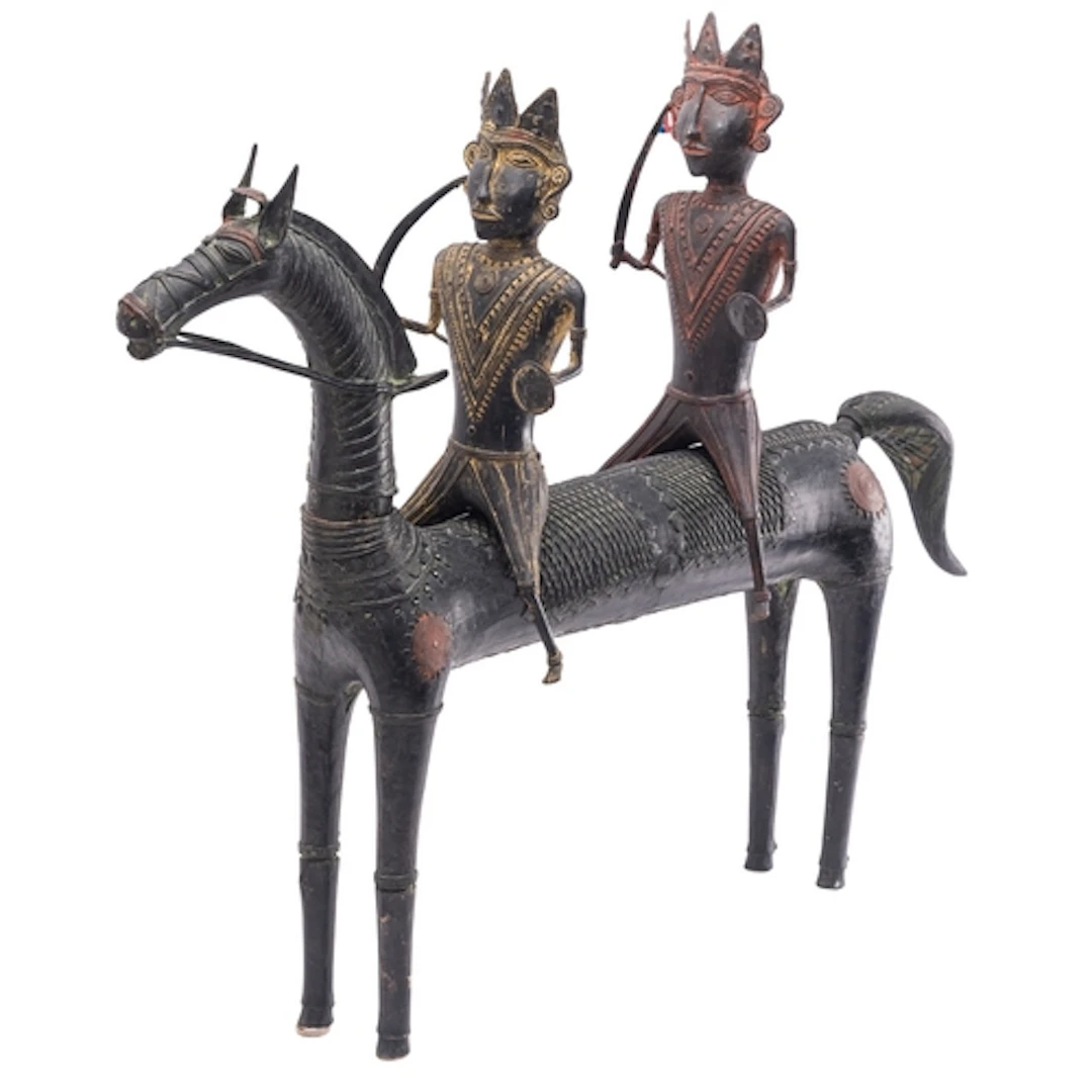 A large Indian Dhokra bronze group of a horse and two warrio...