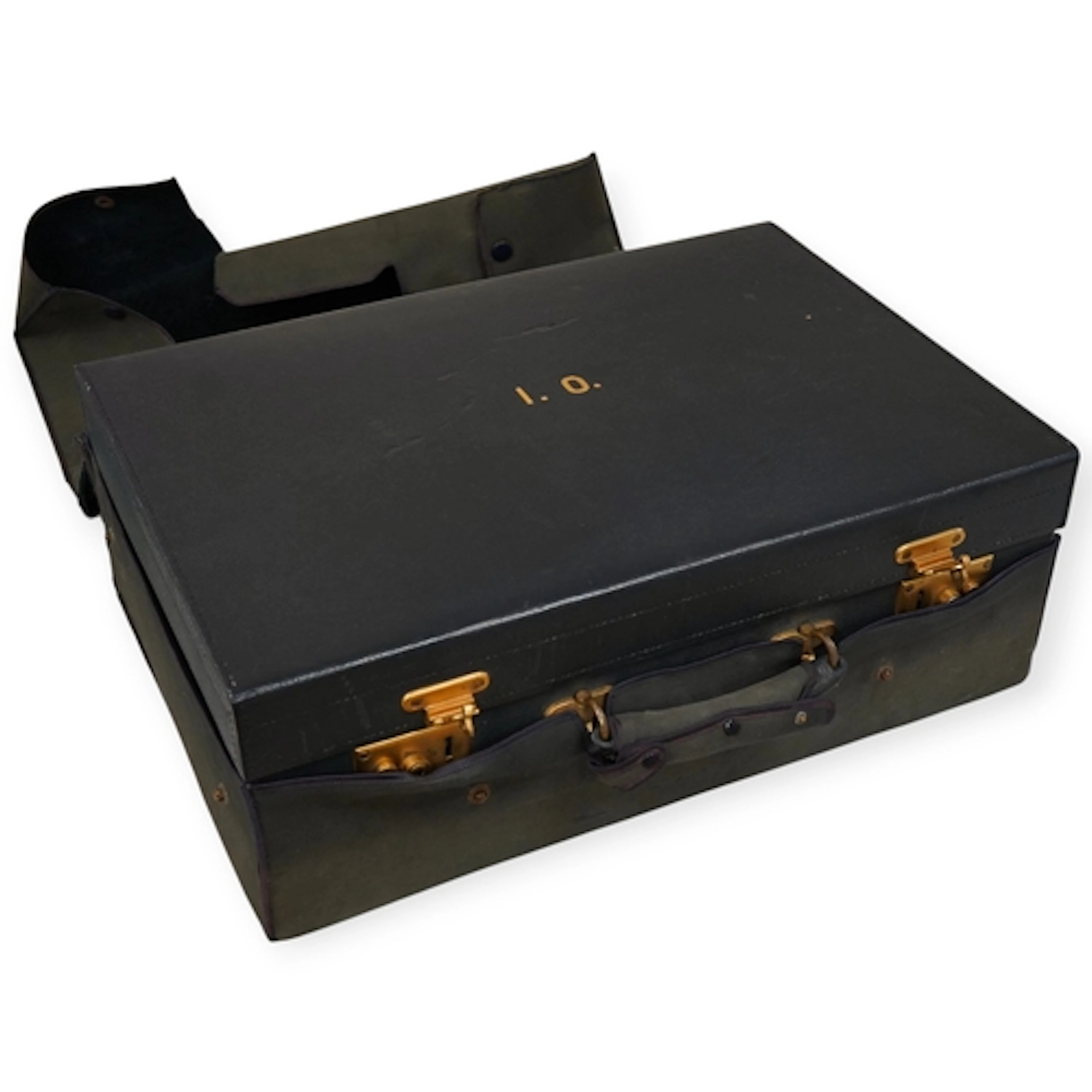 A blue morocco suitcase, moire silk lined, stamped Walker & ...