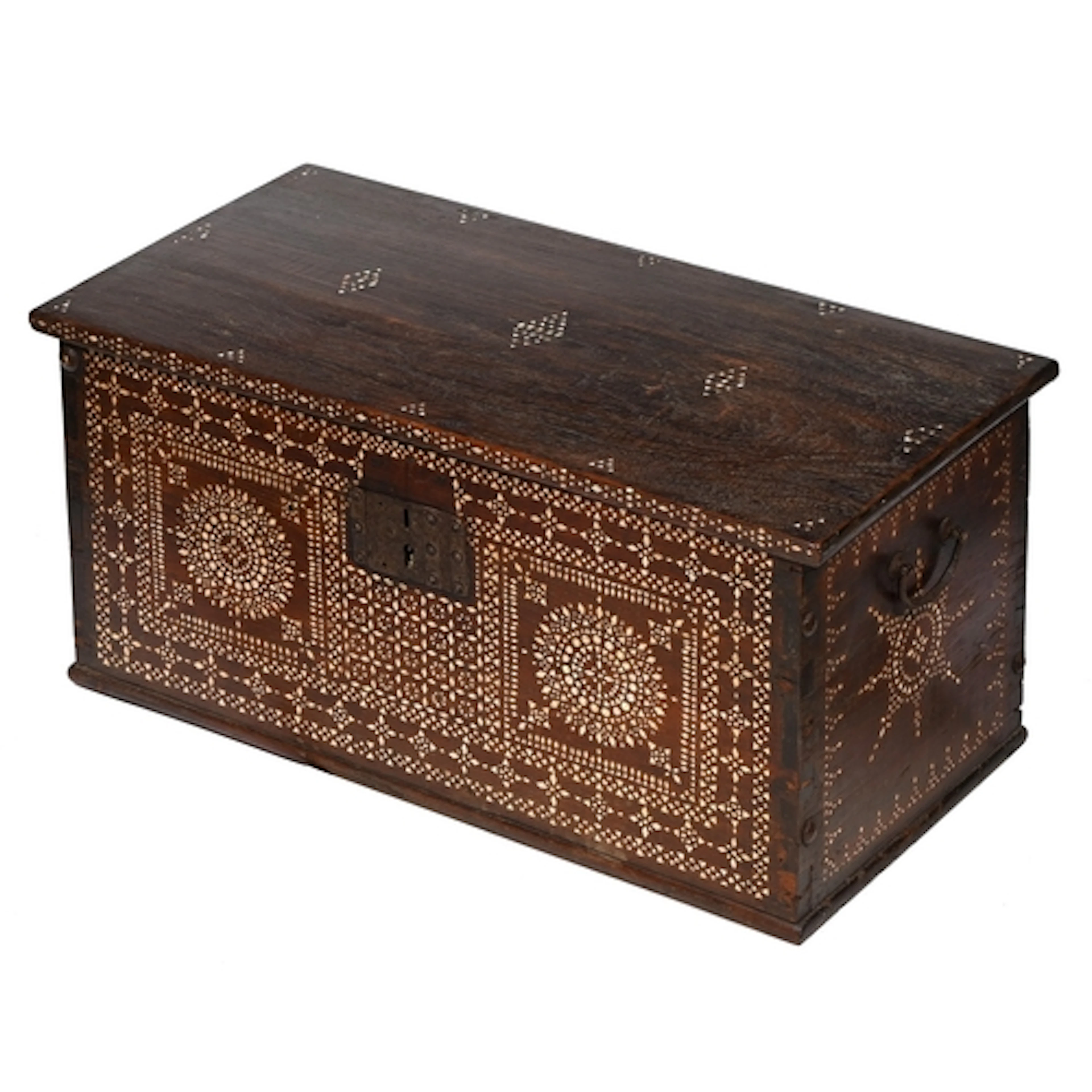 An Indonesian teak and mother-of-pearl geometric inlaid ches...