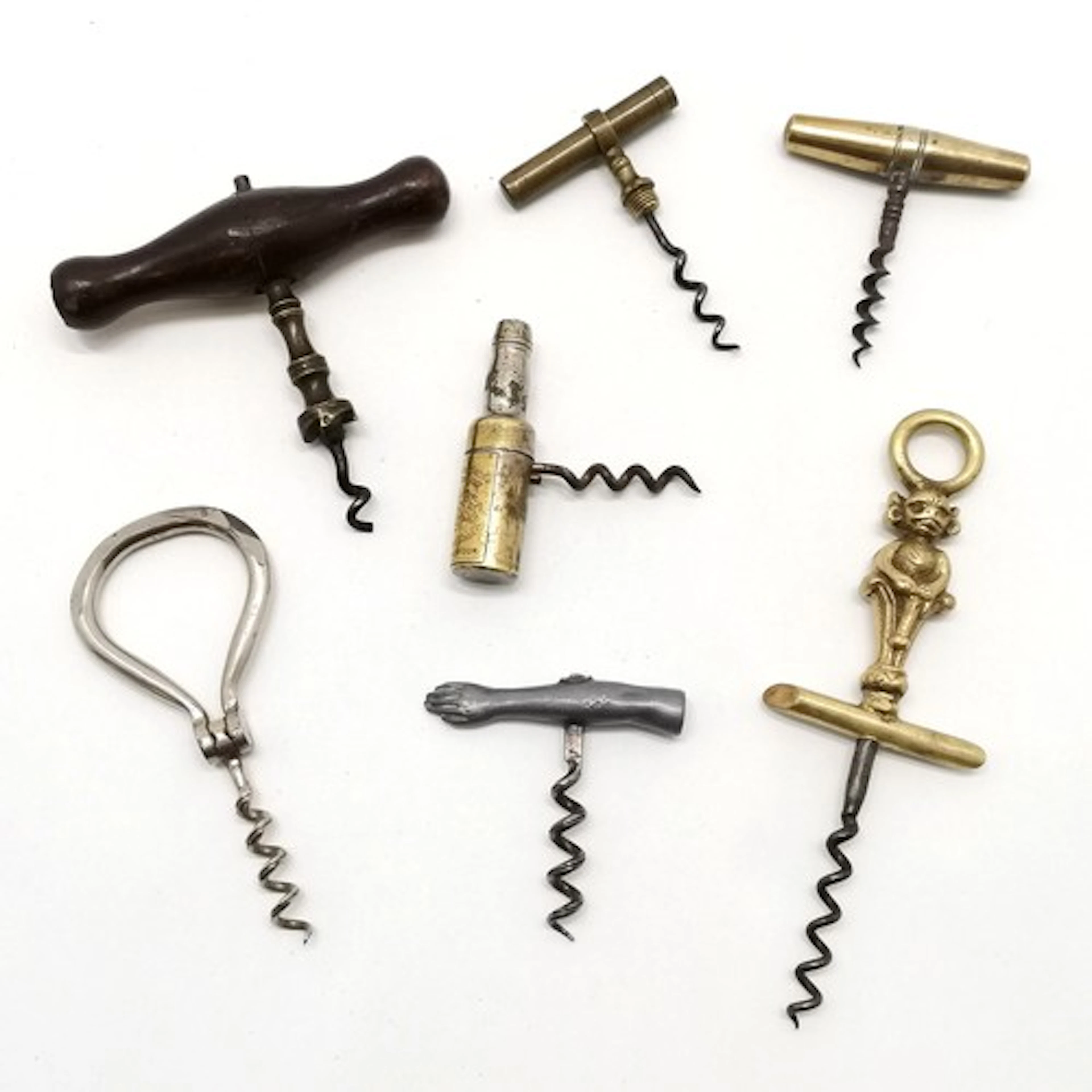 7 x antique corkscrews inc picnic, Joan the wad (16cm), arm,...