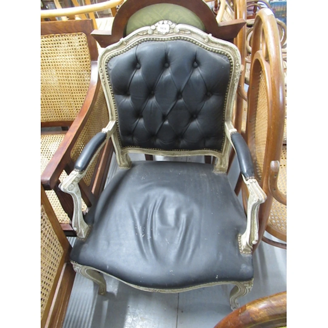 French style simulated black leather and button upholstered ...