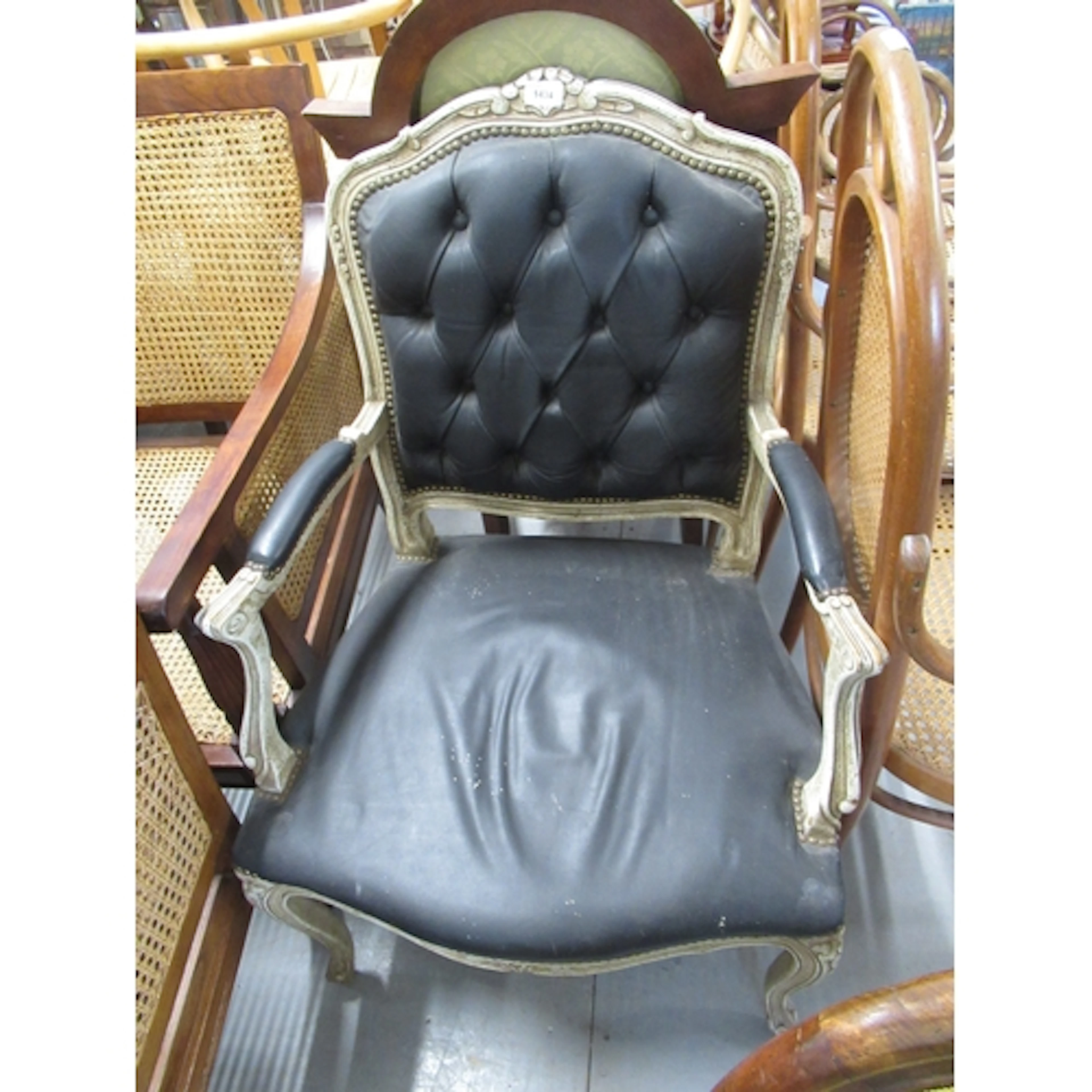 French style simulated black leather and button upholstered ...