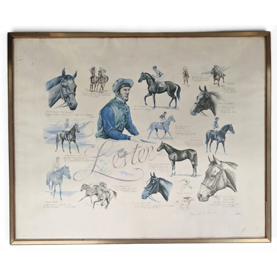 A good Lester Piggott collage coloured Print. 80 x 64 cm app...