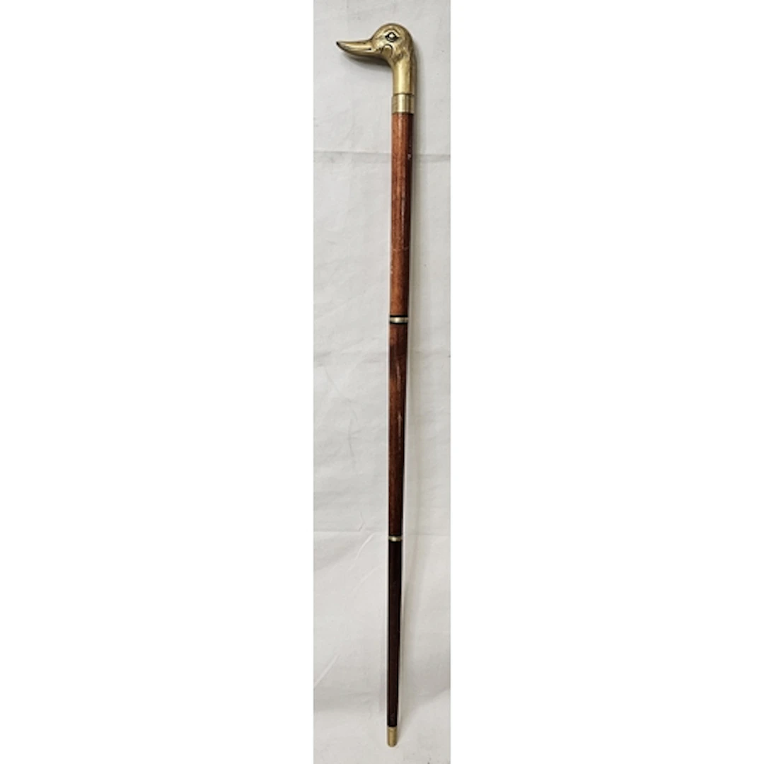 Wood & Brass Walking Stick, handle in the form of a duck he...