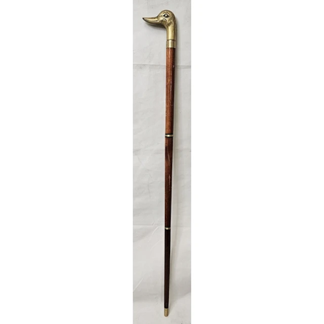 Wood & Brass Walking Stick, handle in the form of a duck he...