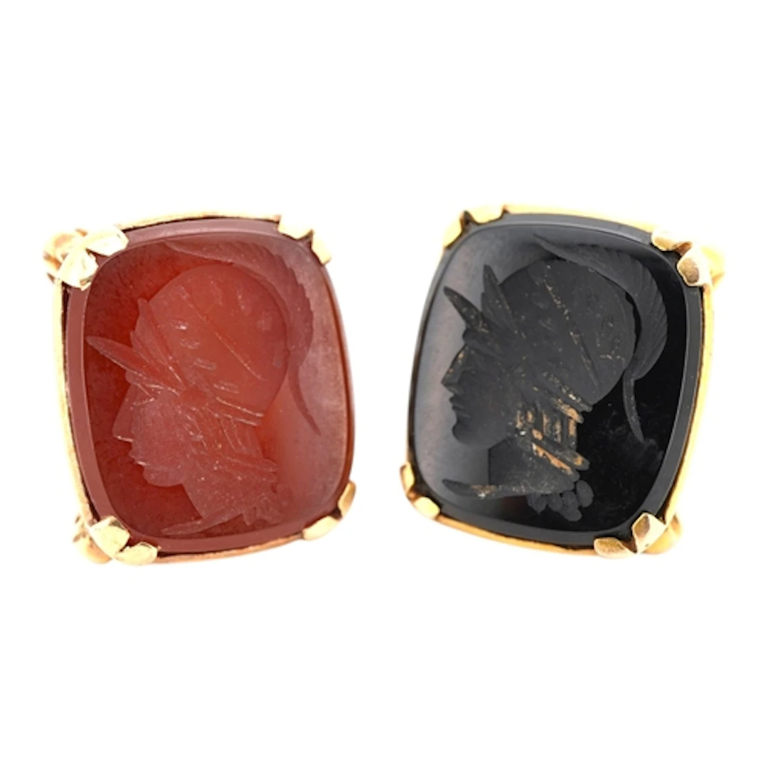 Two 9ct gold and hardstone seals, circa 1961, set with an on...