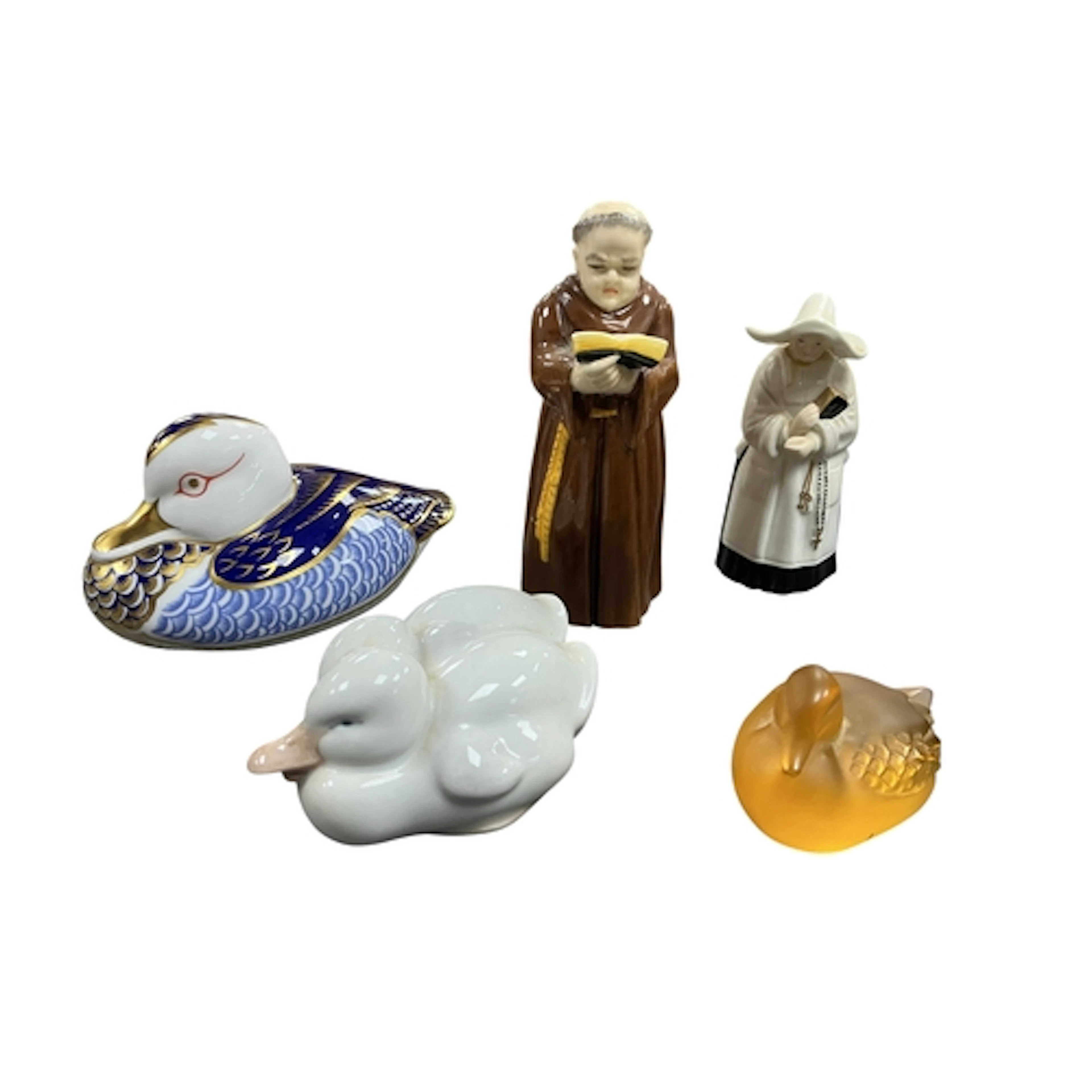 A small Lalique amber glass duck, a Crown Derby duck paperwe...