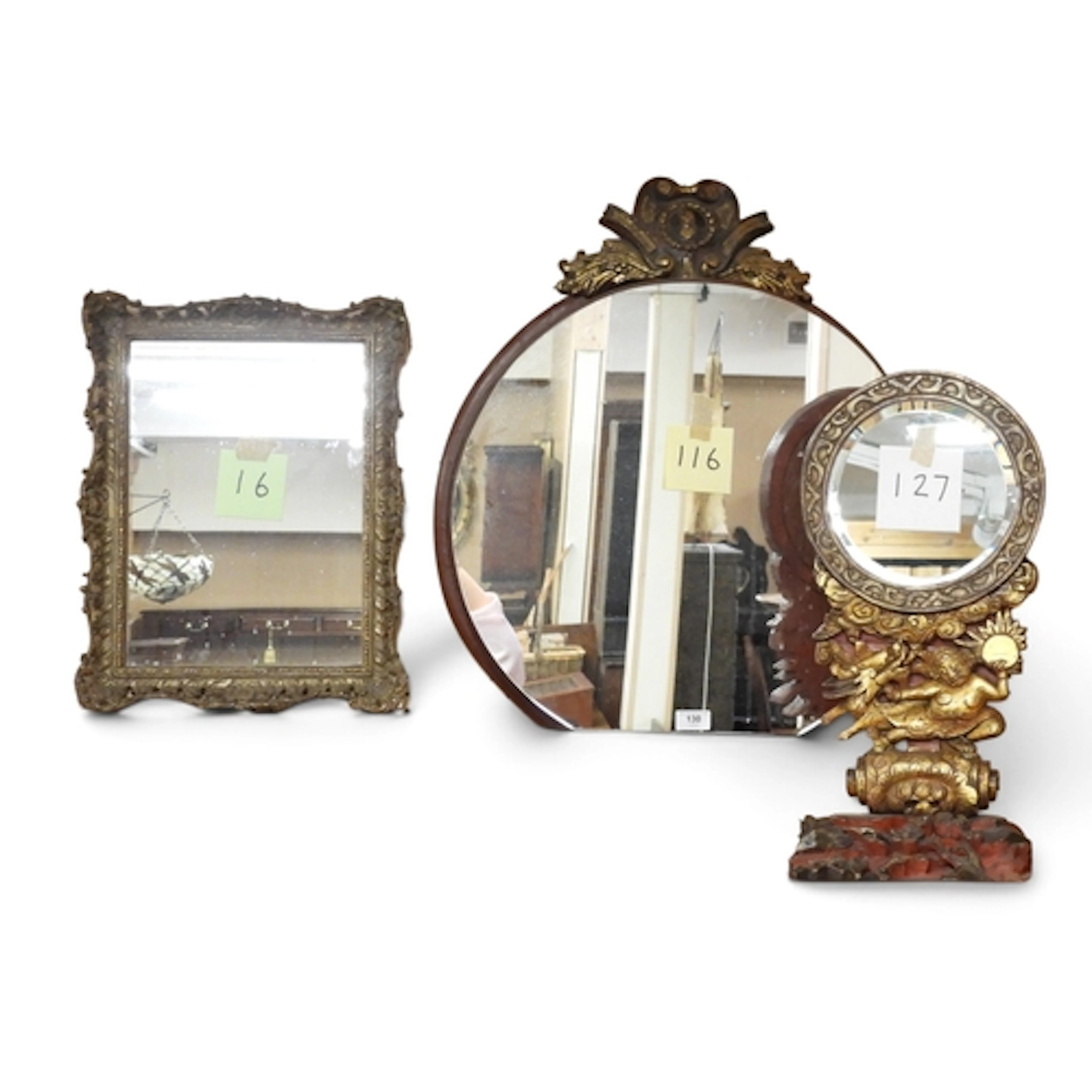 A lot comprising a 20th century ethnic countertop mirror wit...