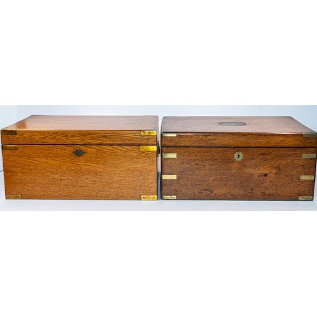 Treen: a brass bound oak cutlery box, recessed campaign styl...