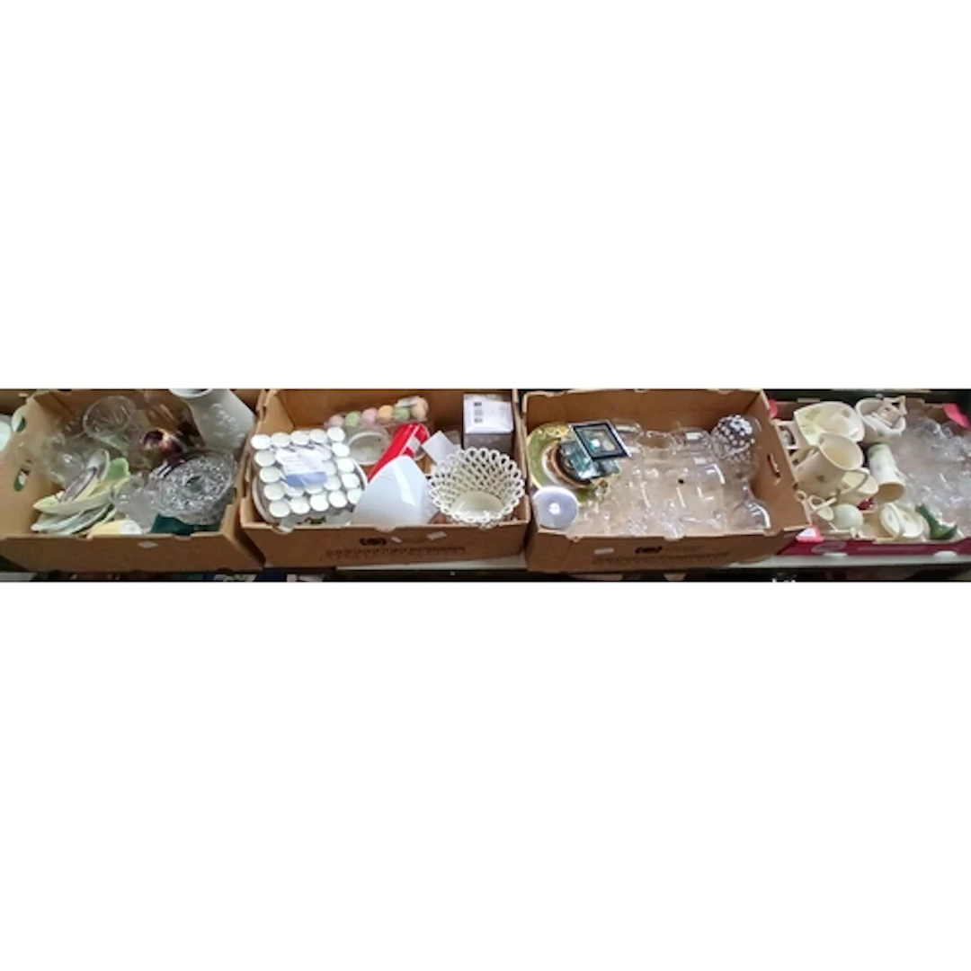 4 boxes of mixed ceramics and glass including Aynsley Edward...