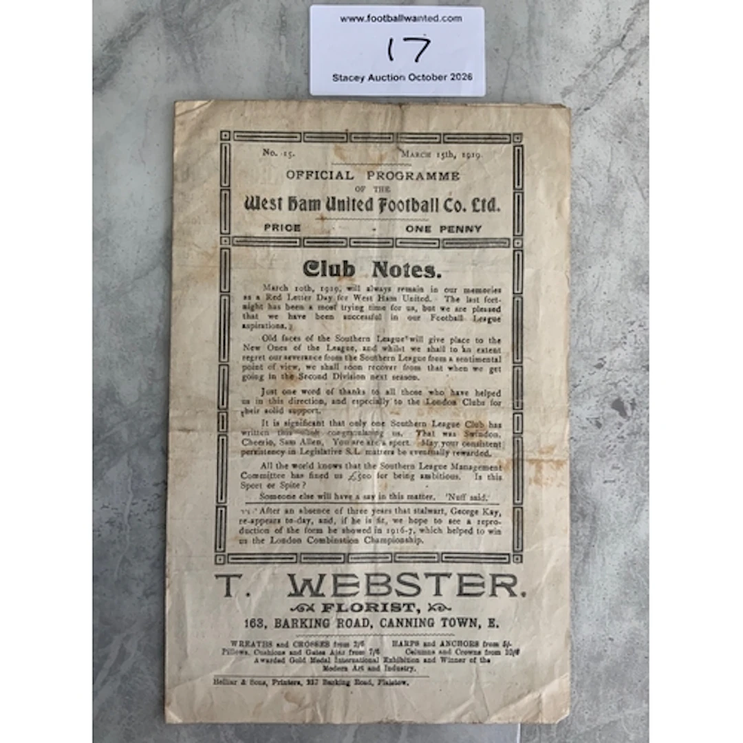 1918 - 1919 West Ham v Chelsea Football Programme: Incredibl...