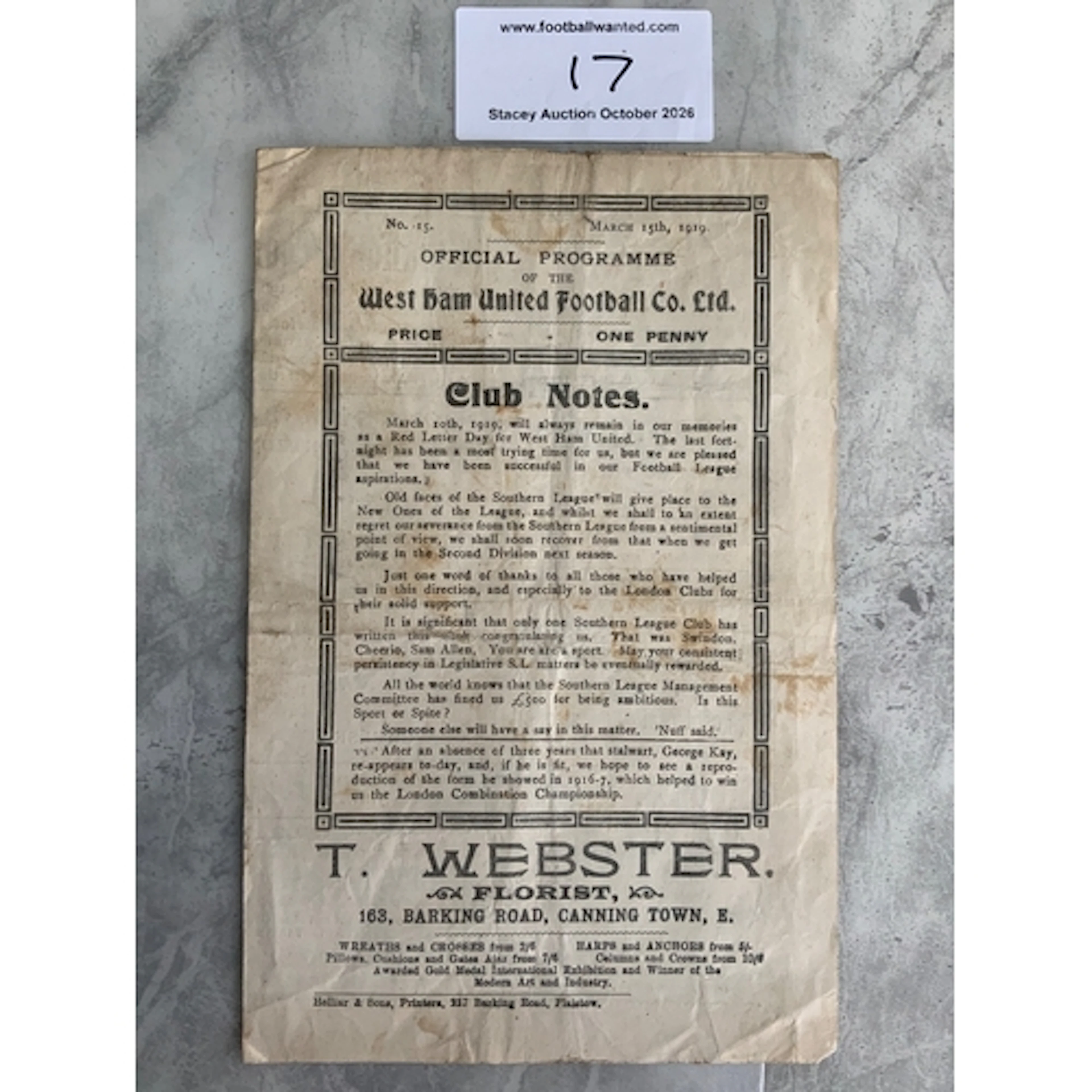 1918 - 1919 West Ham v Chelsea Football Programme: Incredibl...