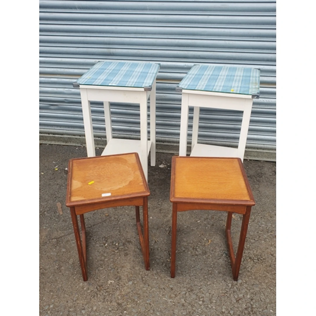 A pair of white painted Bedside Tables with glass tops and a...