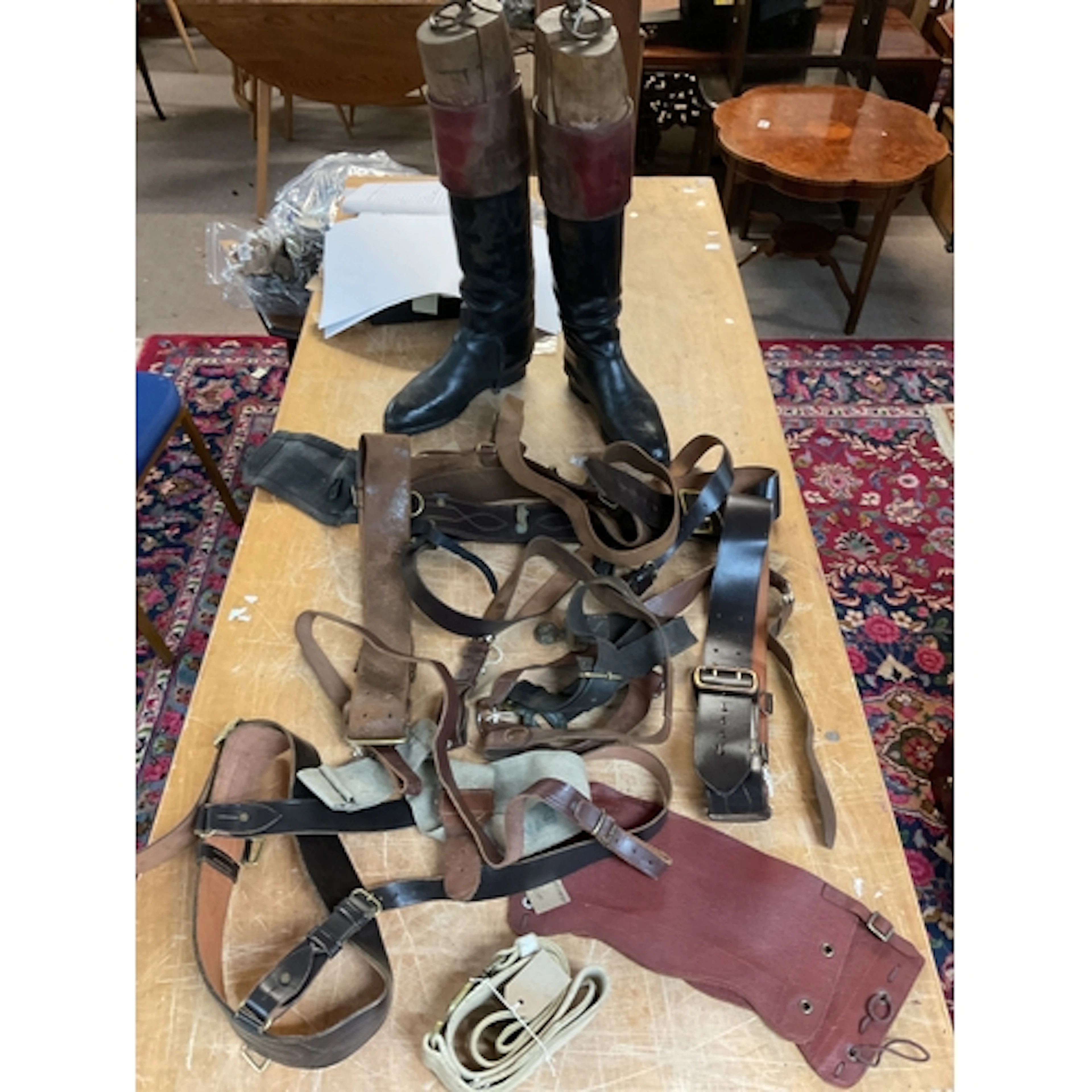 Pair leather officers boots with lasts andWWI Sam Brow...