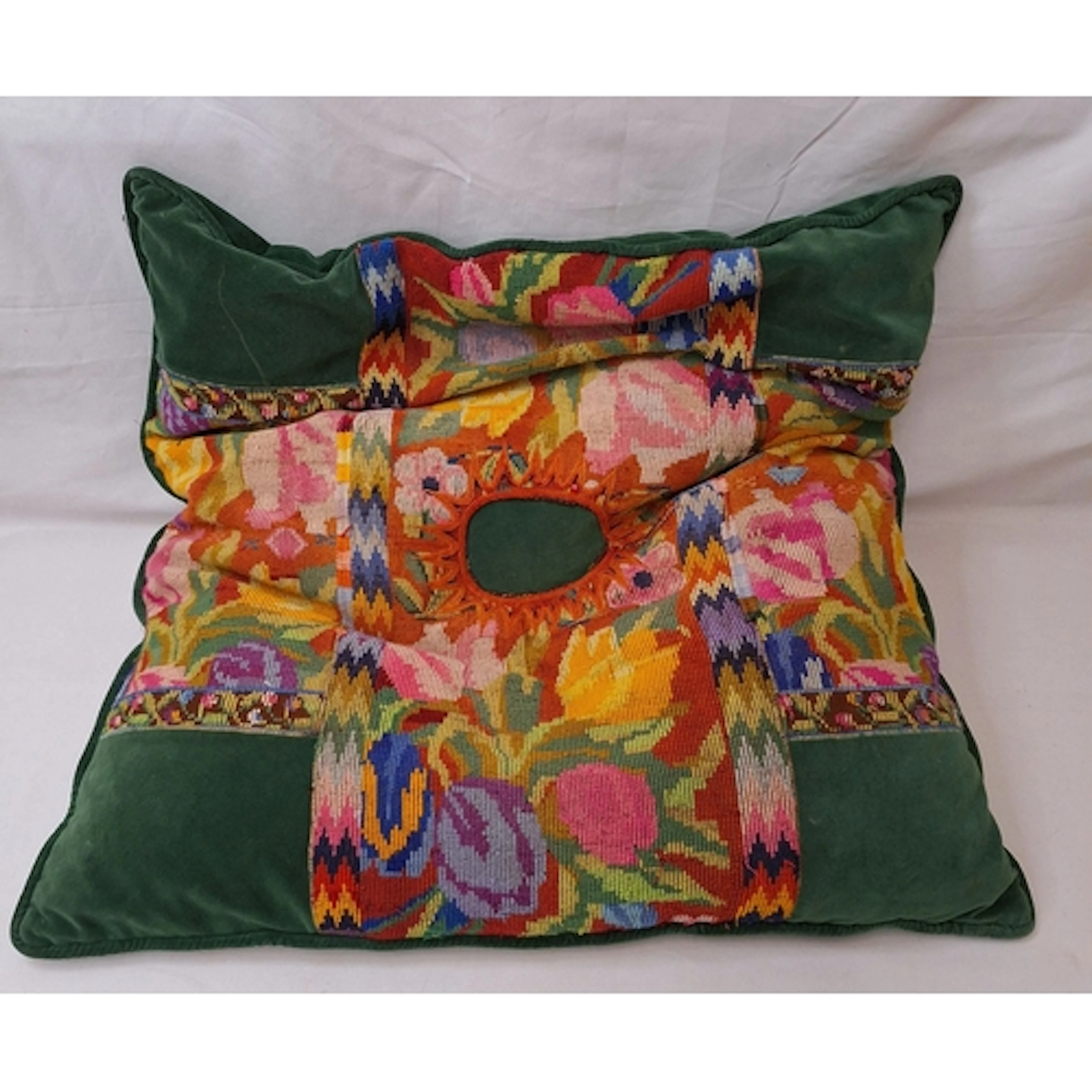Extra Large Vintage Cushion, green velvet ground with panels...